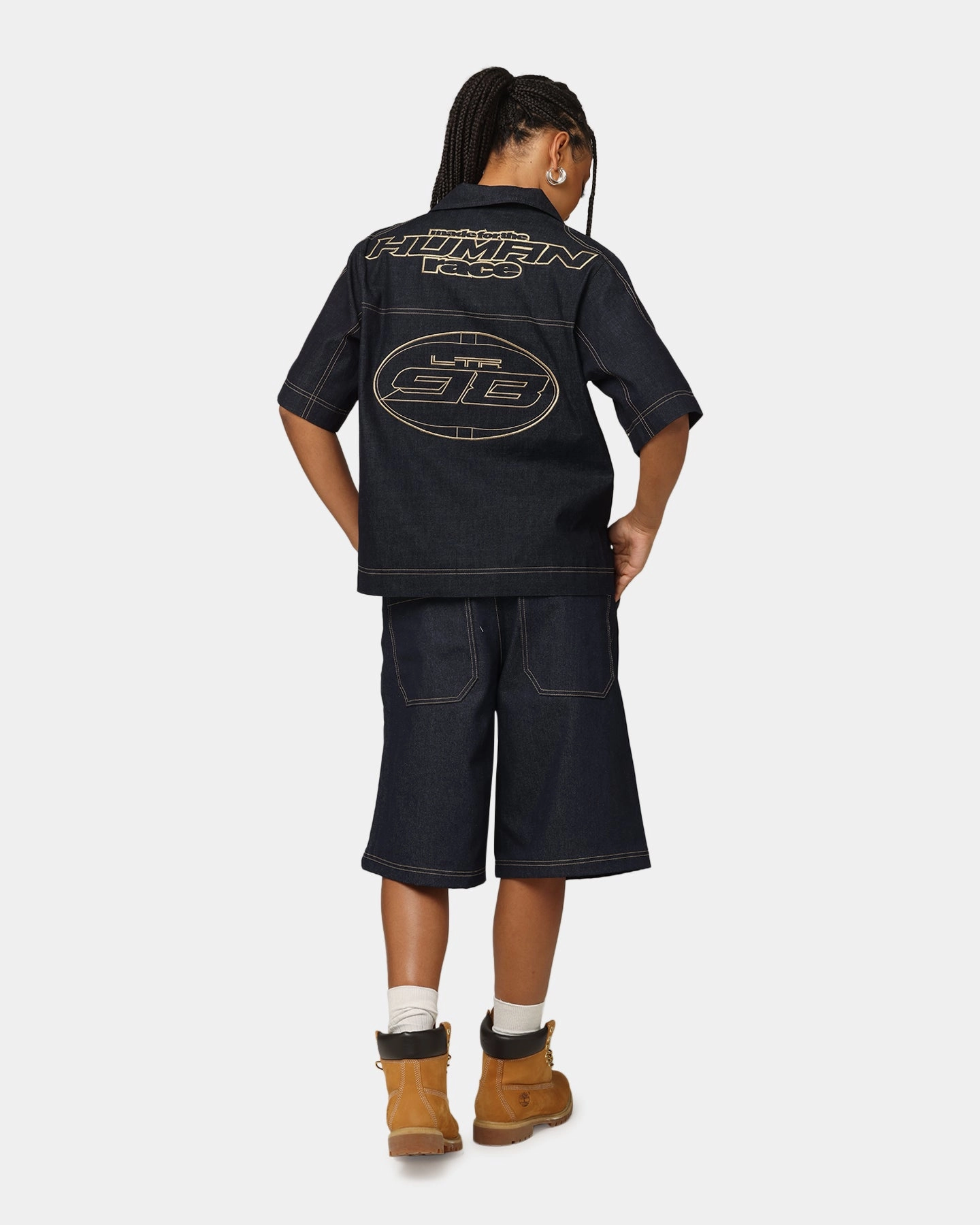 Tapered Side Panels Loiter Motor Denim Button Up Shirt Indigo