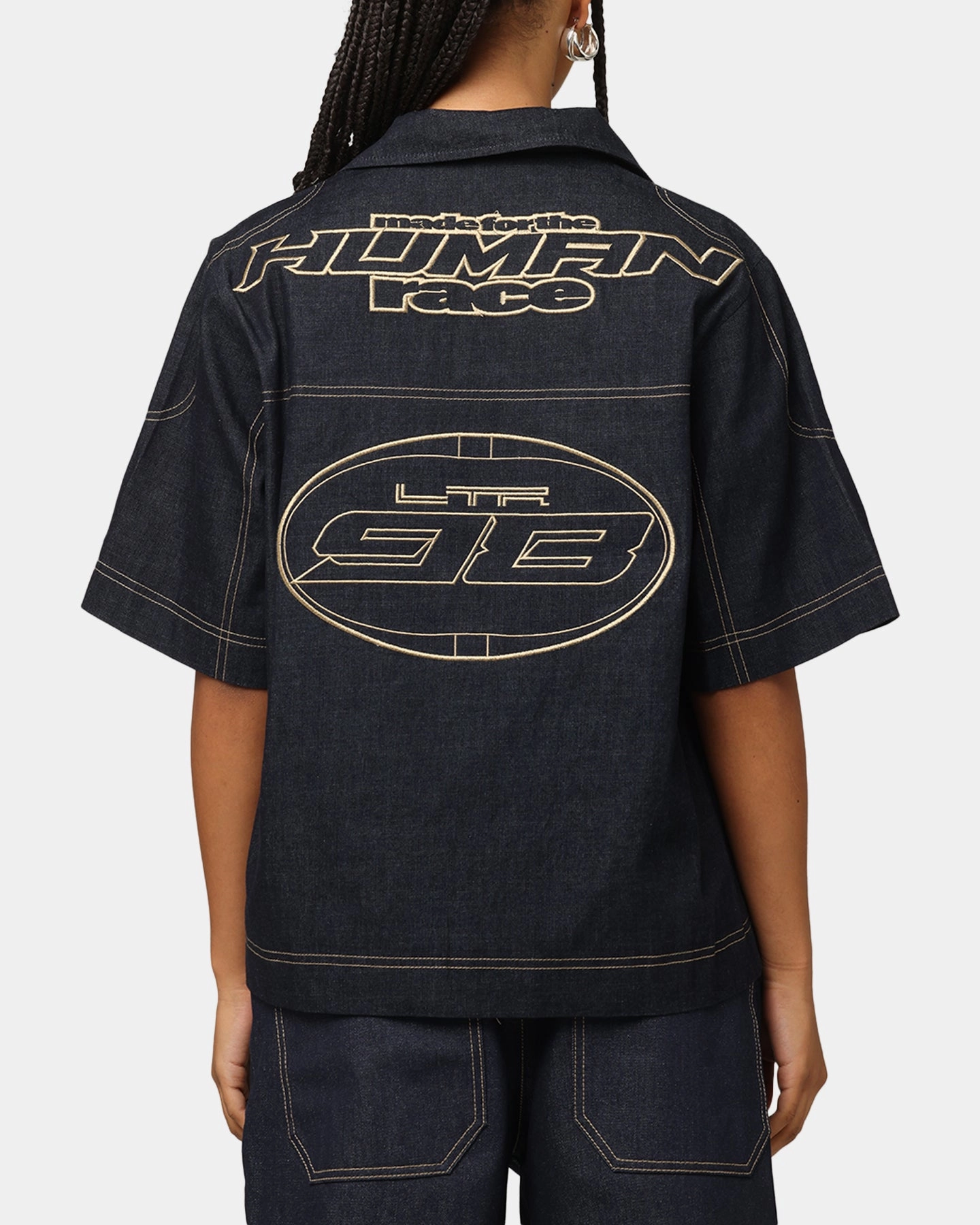 Raw Edge Finish Loiter Motor Denim Button Up Shirt Indigo