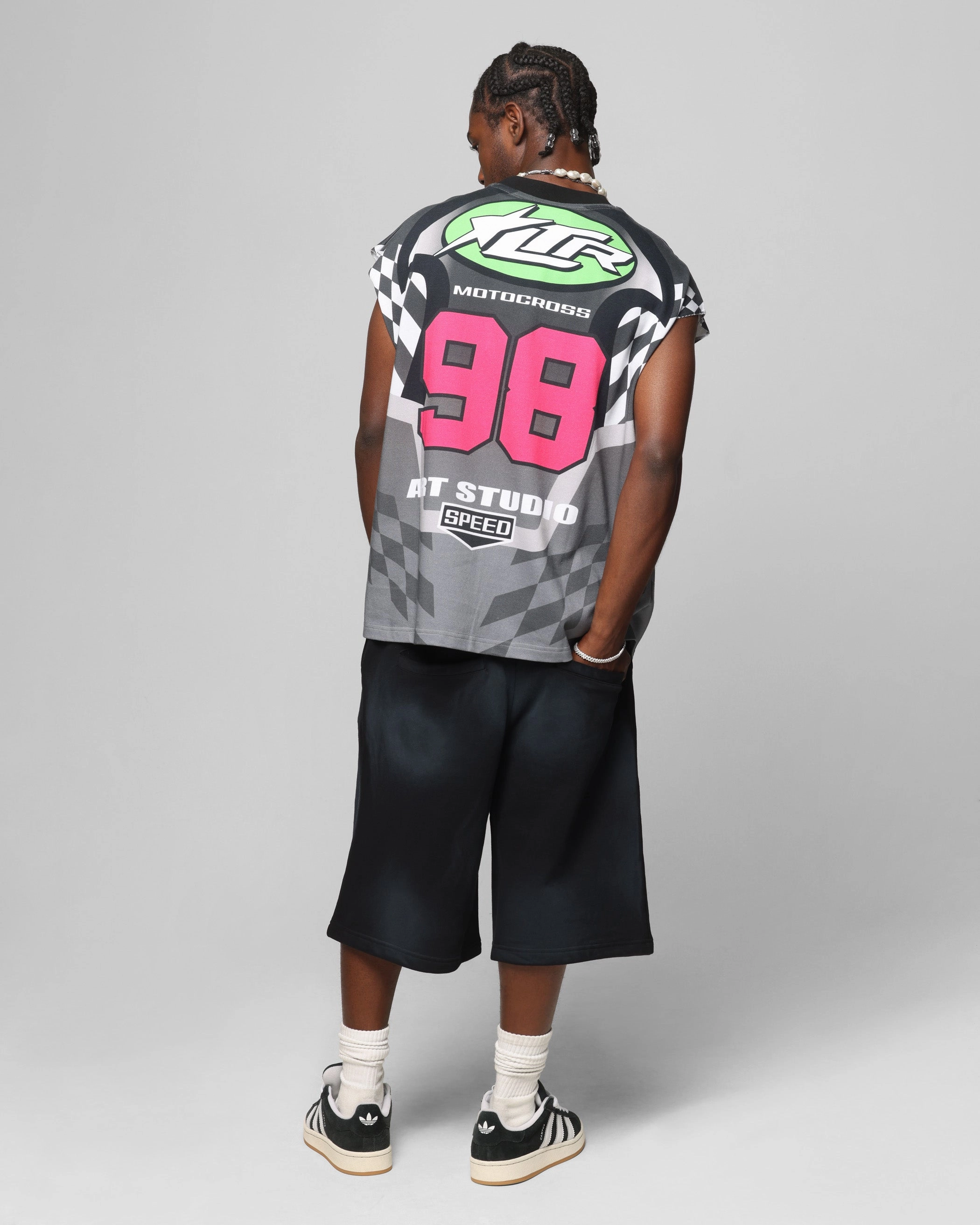 Loiter Motorsport Muscle T-Shirt Grey/Multi-Colored DoubleNeedle Stitching Casual Blouse