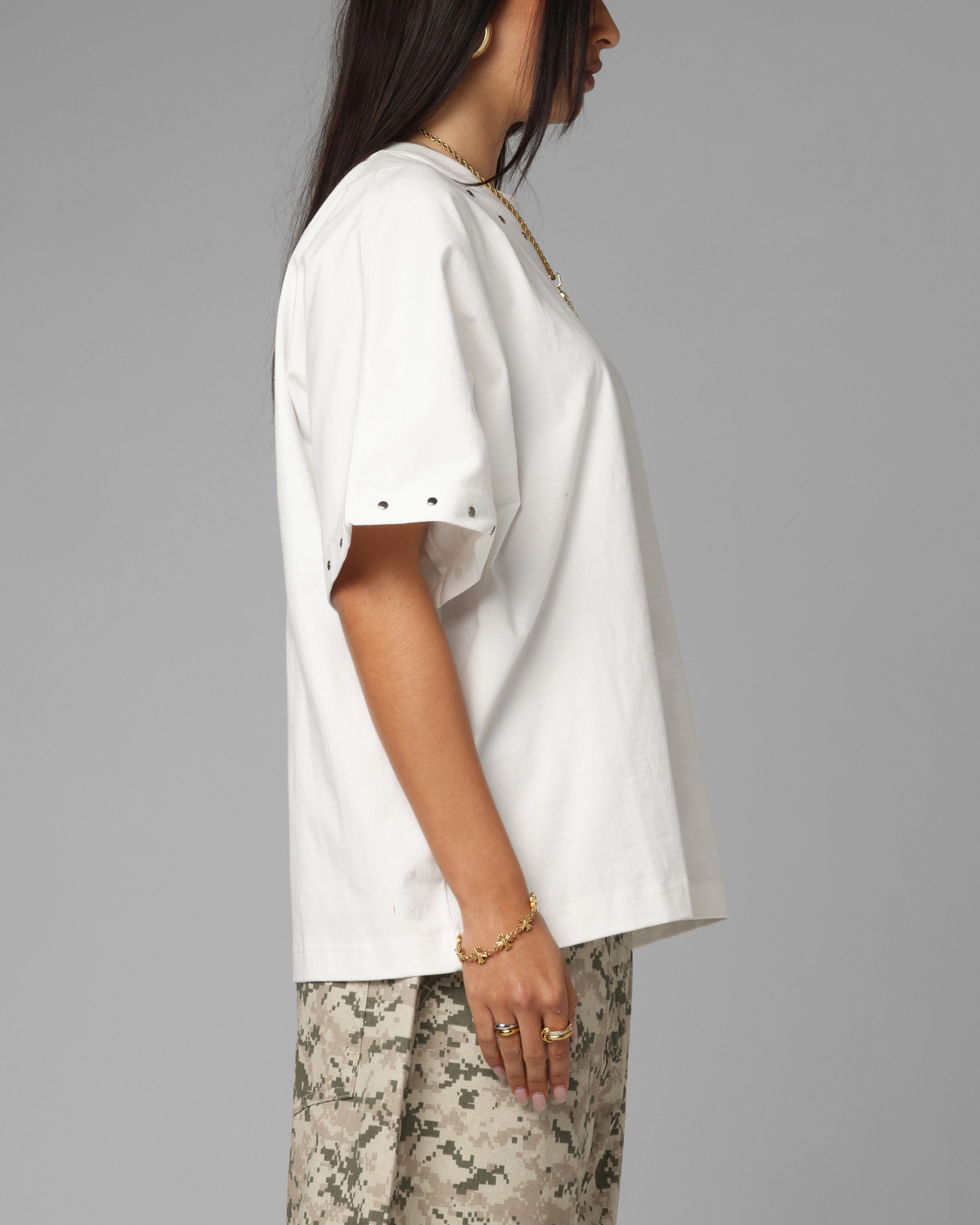 Sheer Overlay Material V-neck Blouse Loiter Opaque Boxy T-Shirt Off White