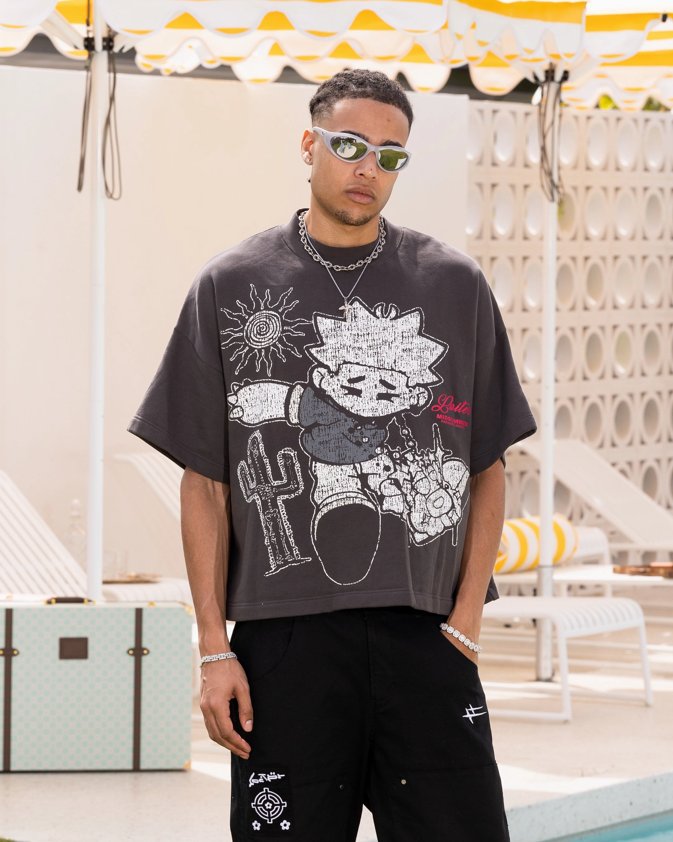 Tactile Soft Texture Active Look Loiter Palm Spring Box T-Shirt Charcoal