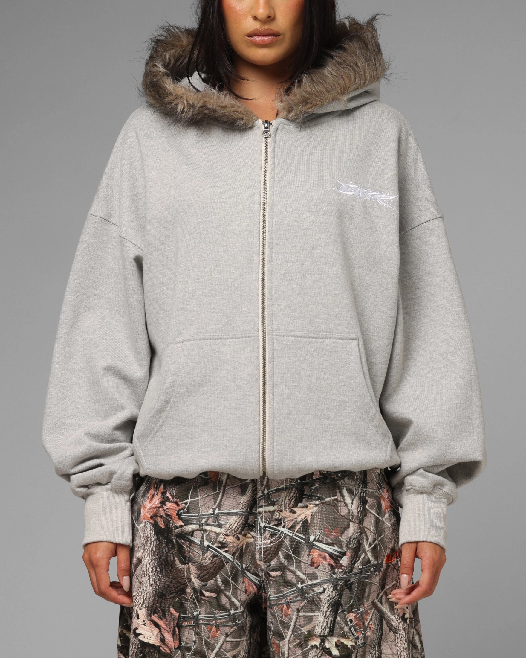 Ribbed Trim Details Loiter Purity Zip Hoodie Grey