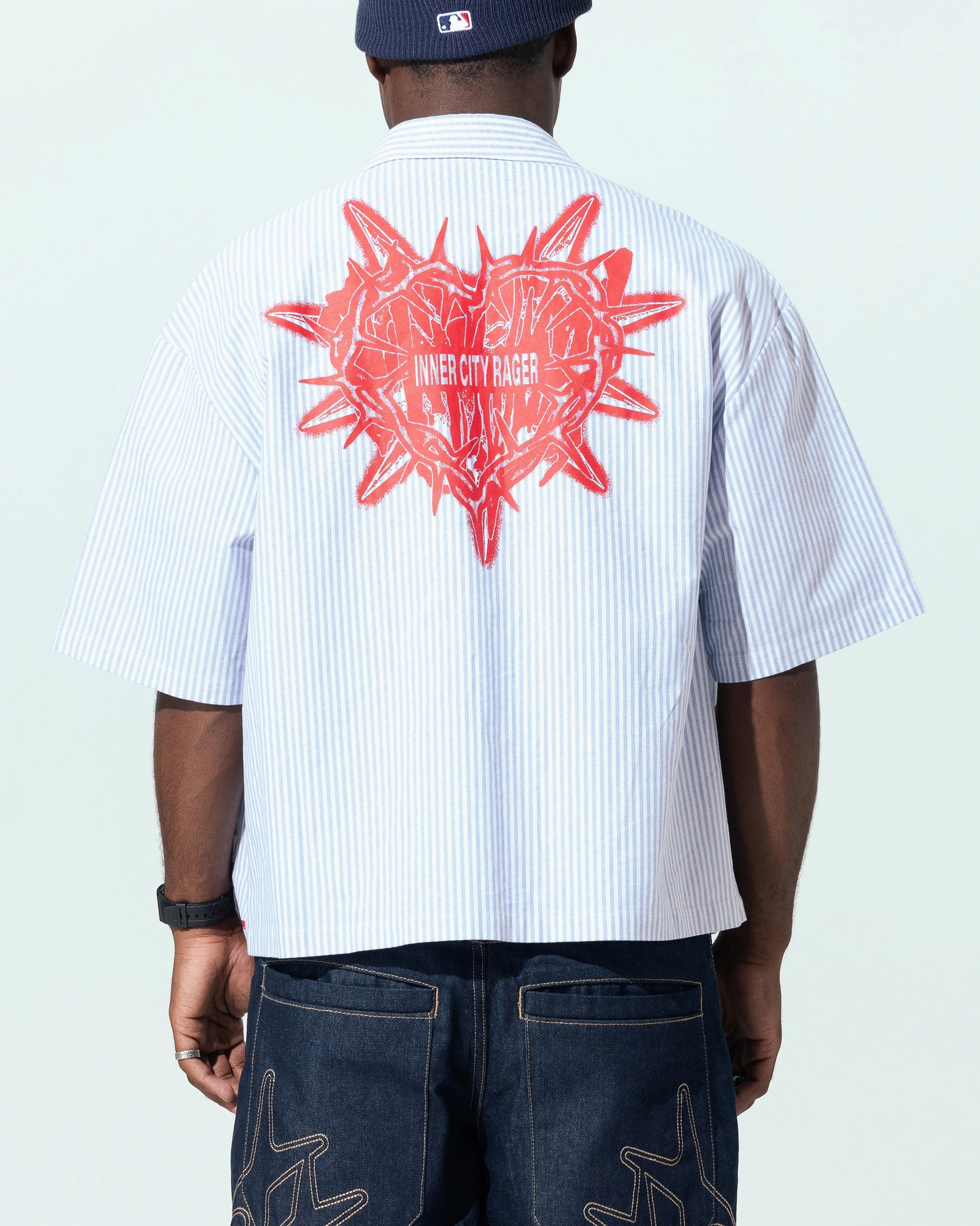 Loiter Riot Squad Button Up T-Shirt Blue Pin Stripe Comfortable Cut