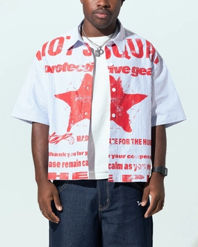 Stylish Look Loiter Riot Squad Button Up T-Shirt Blue Pin Stripe