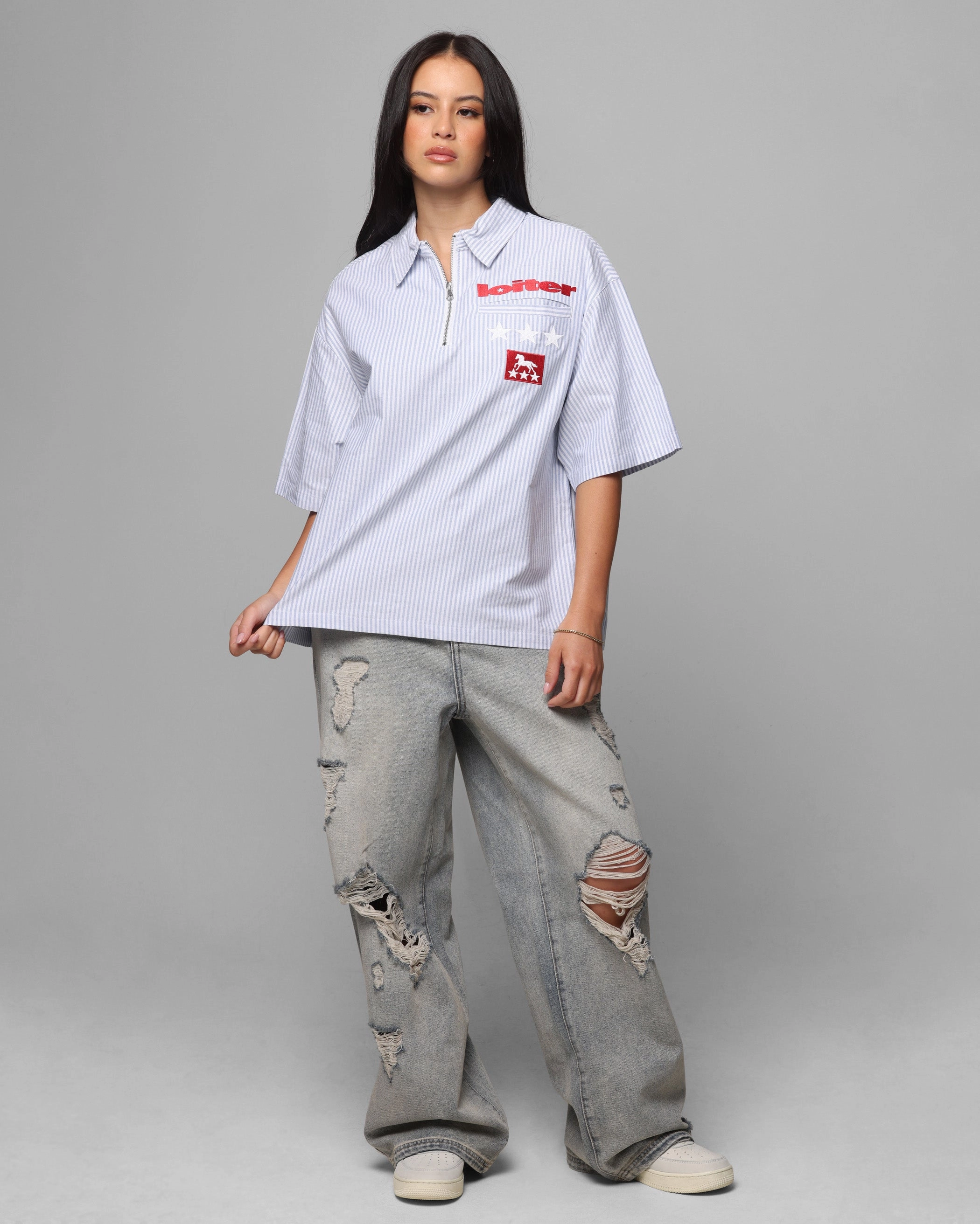 Loiter Rodeo Quarter Zip Up Shirt Blue Pin Stripe SoftInteriorLining FlatlockStitching