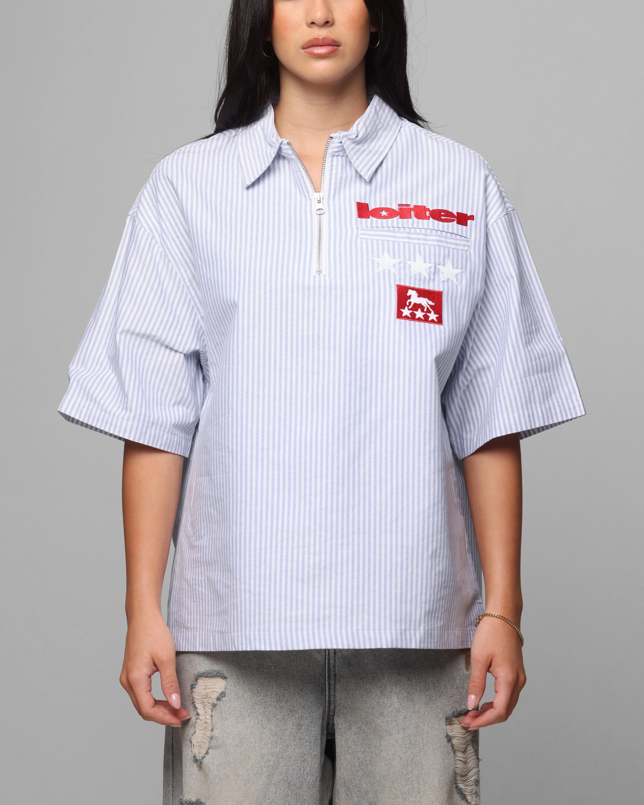 RelaxedNeckline Loiter Rodeo Quarter Zip Up Shirt Blue Pin Stripe