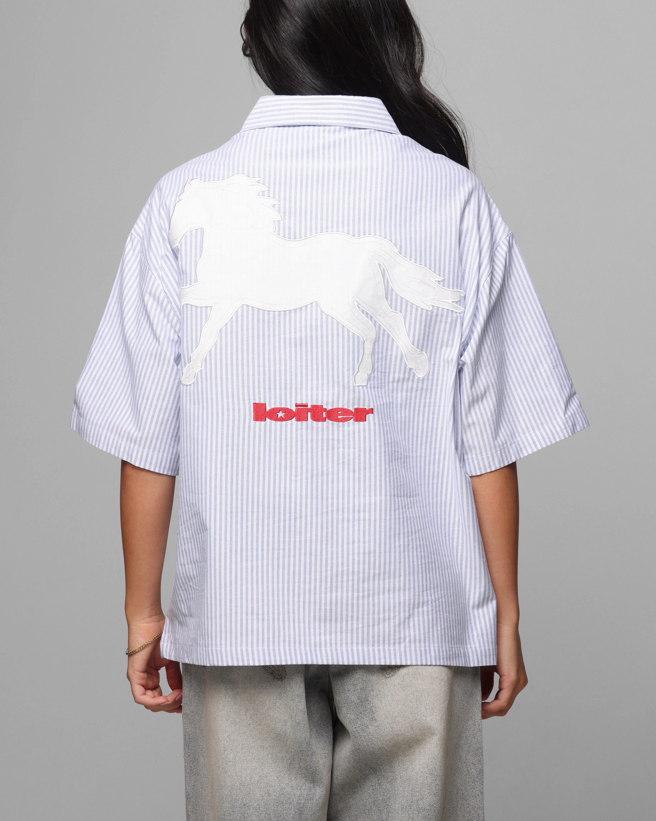 WeightedHem Loiter Rodeo Quarter Zip Up Shirt Blue Pin Stripe