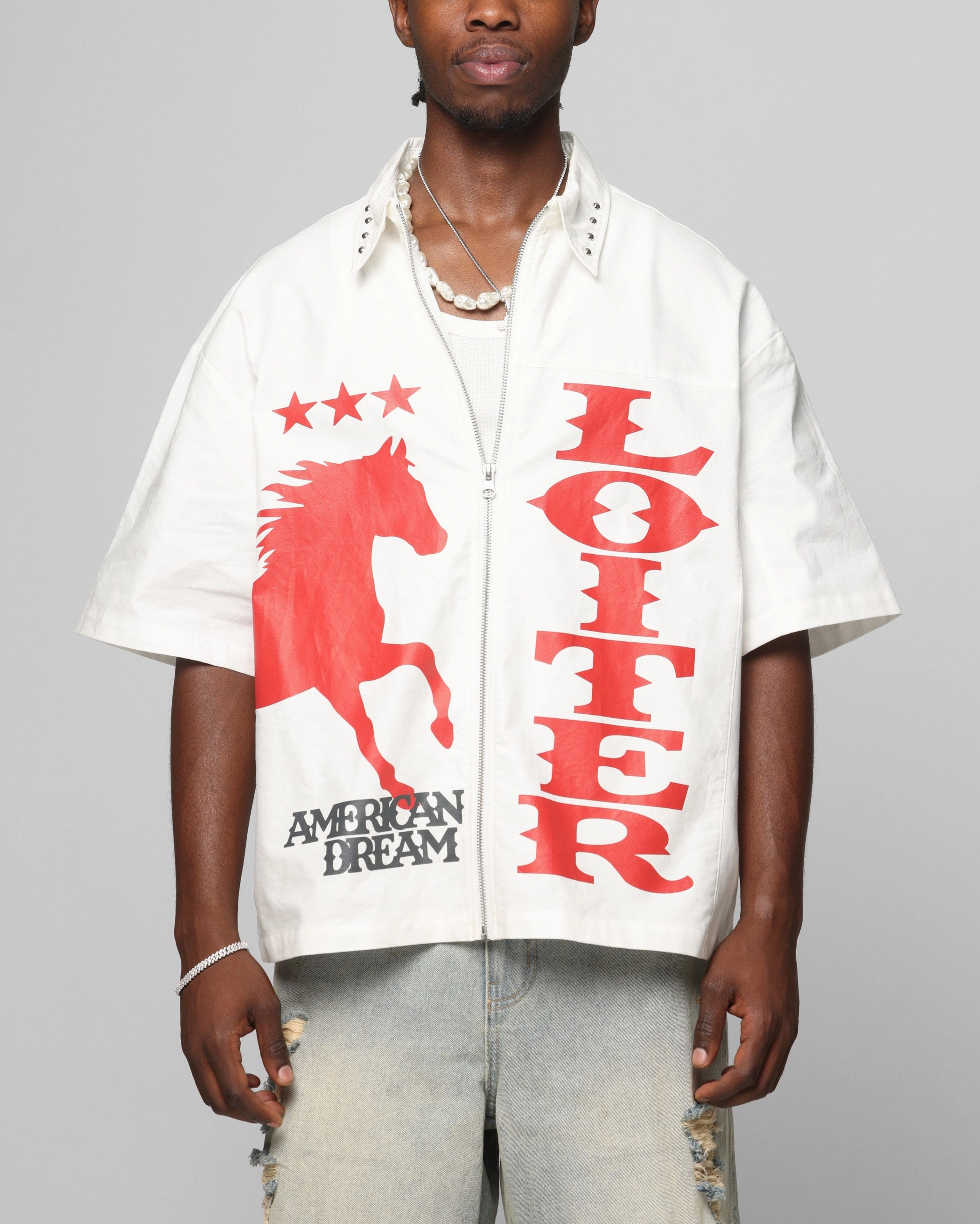 Loiter Rodeo Zip Up Shirt Off White Sweat Absorbing Lining