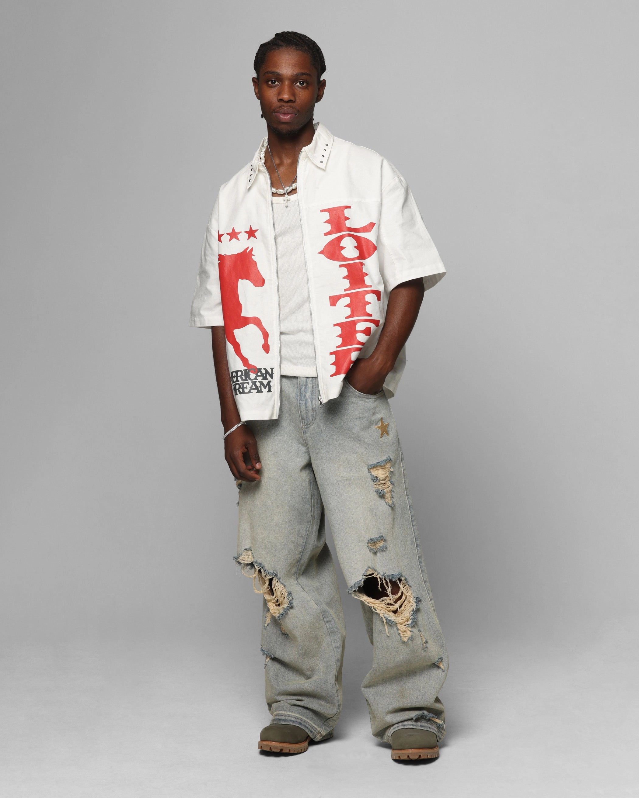 FadeResistant Sustainable Material Blend Loiter Rodeo Zip Up Shirt Off White