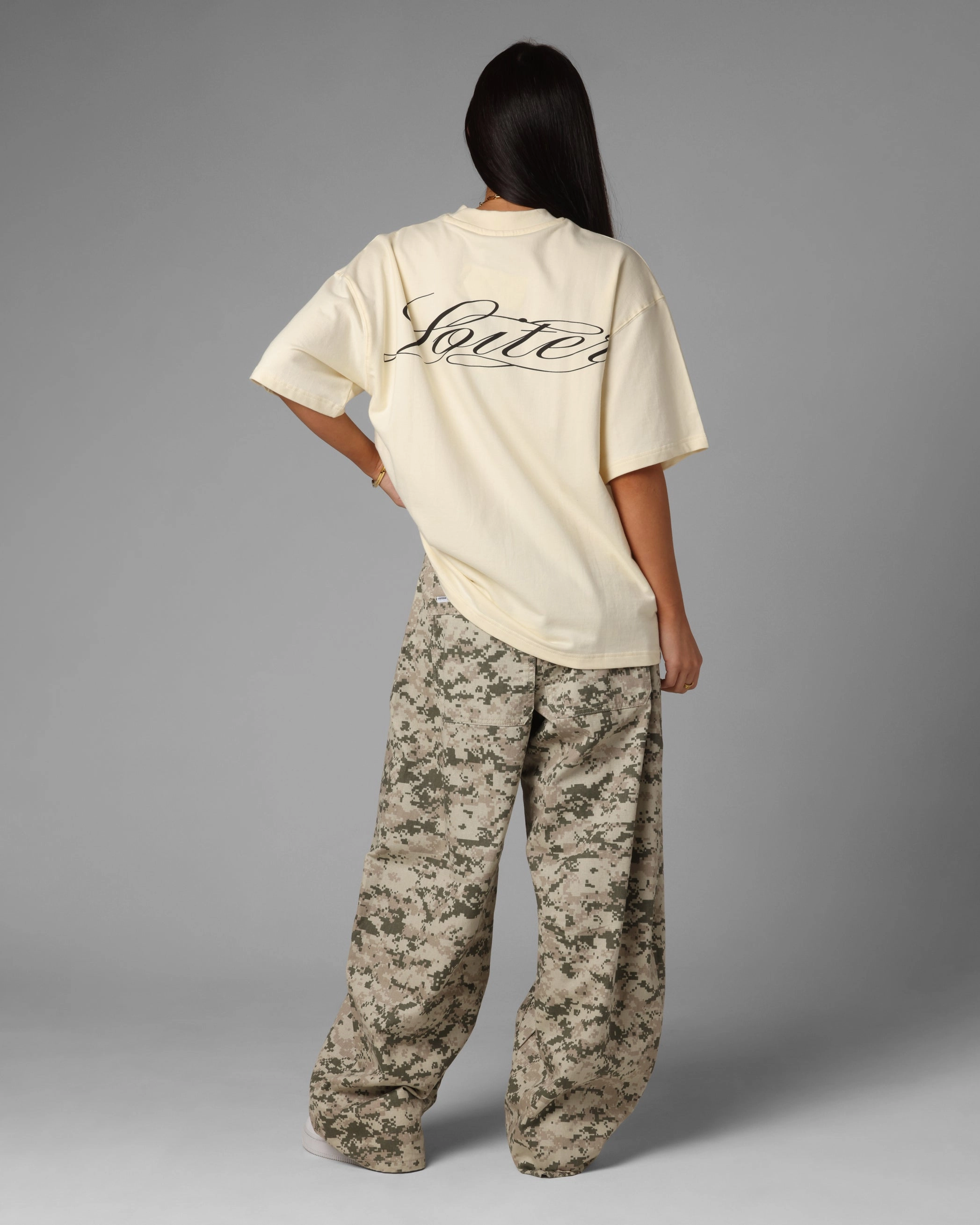 Loiter Script Boxy T-Shirt Off White Hidden Pocket Design PlushLining