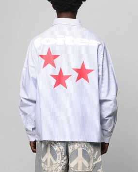 Loiter Solar Button Up Shirt Blue Pin Stripe Wool Sweater