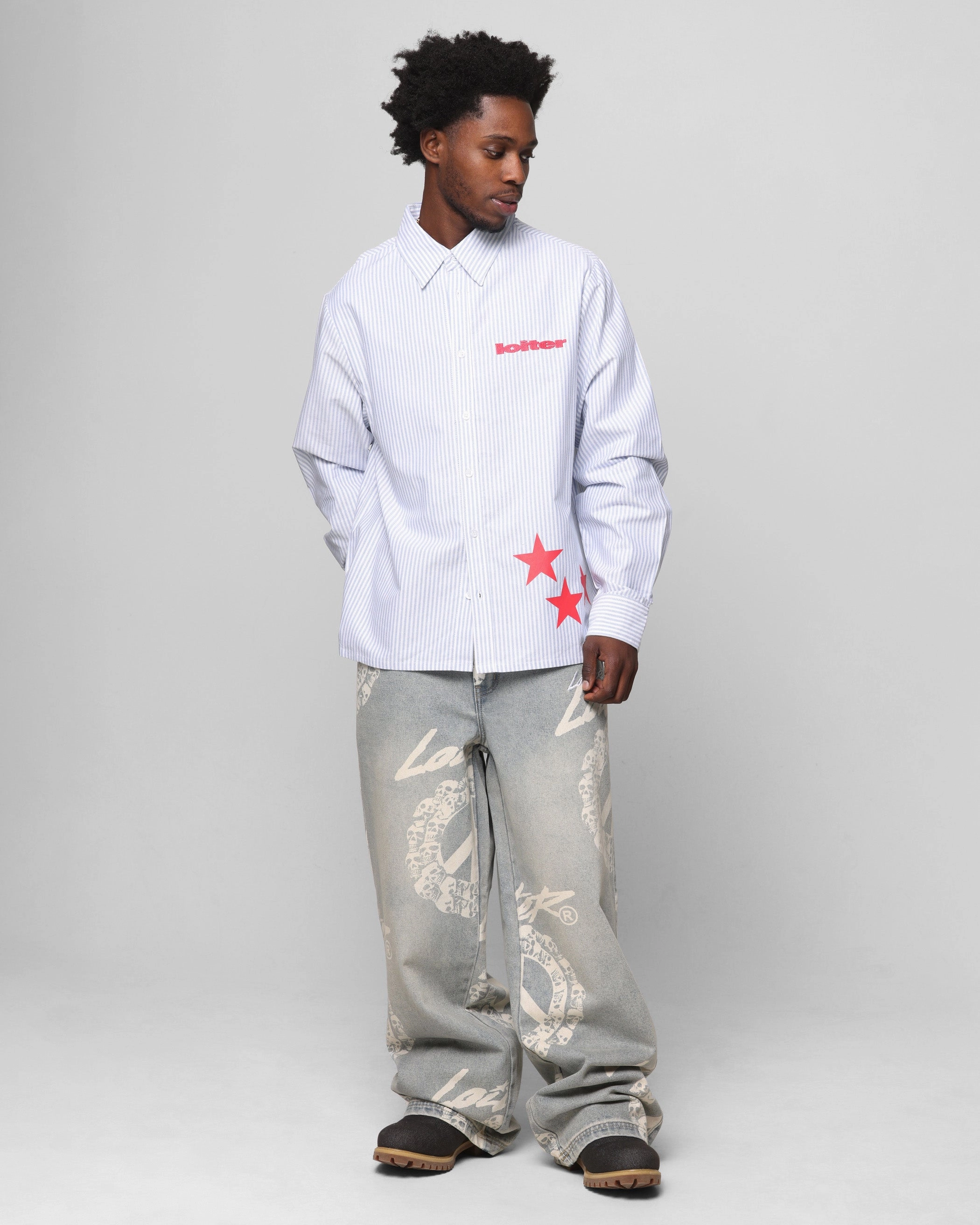 Loiter Solar Button Up Shirt Blue Pin Stripe Sustainable Fabric Blend