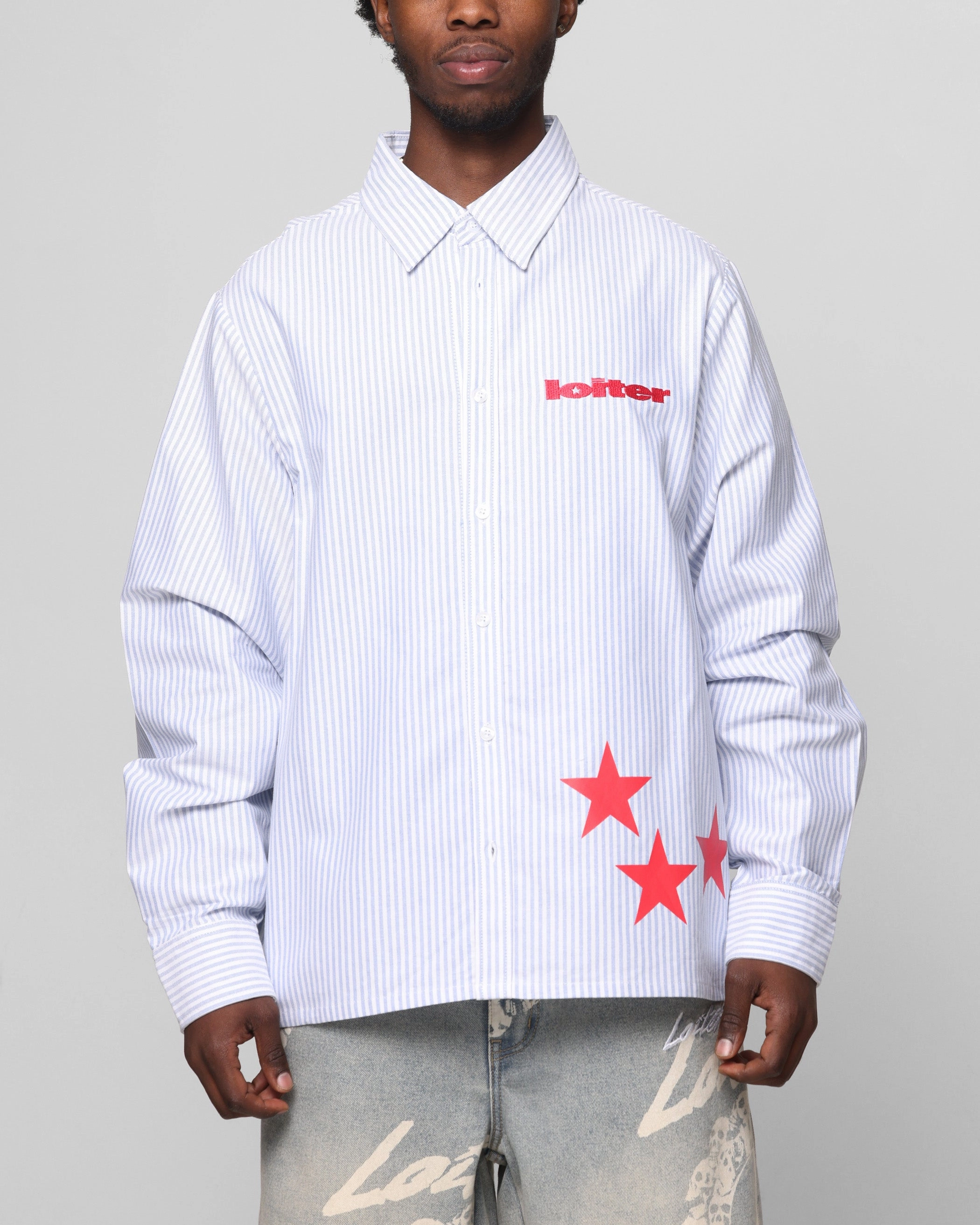 Loiter Solar Button Up Shirt Blue Pin Stripe LowProfileZipperSystem