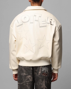 Tailored Cut Style Loiter Solar Vegan Leather Varsity Jacket Beige