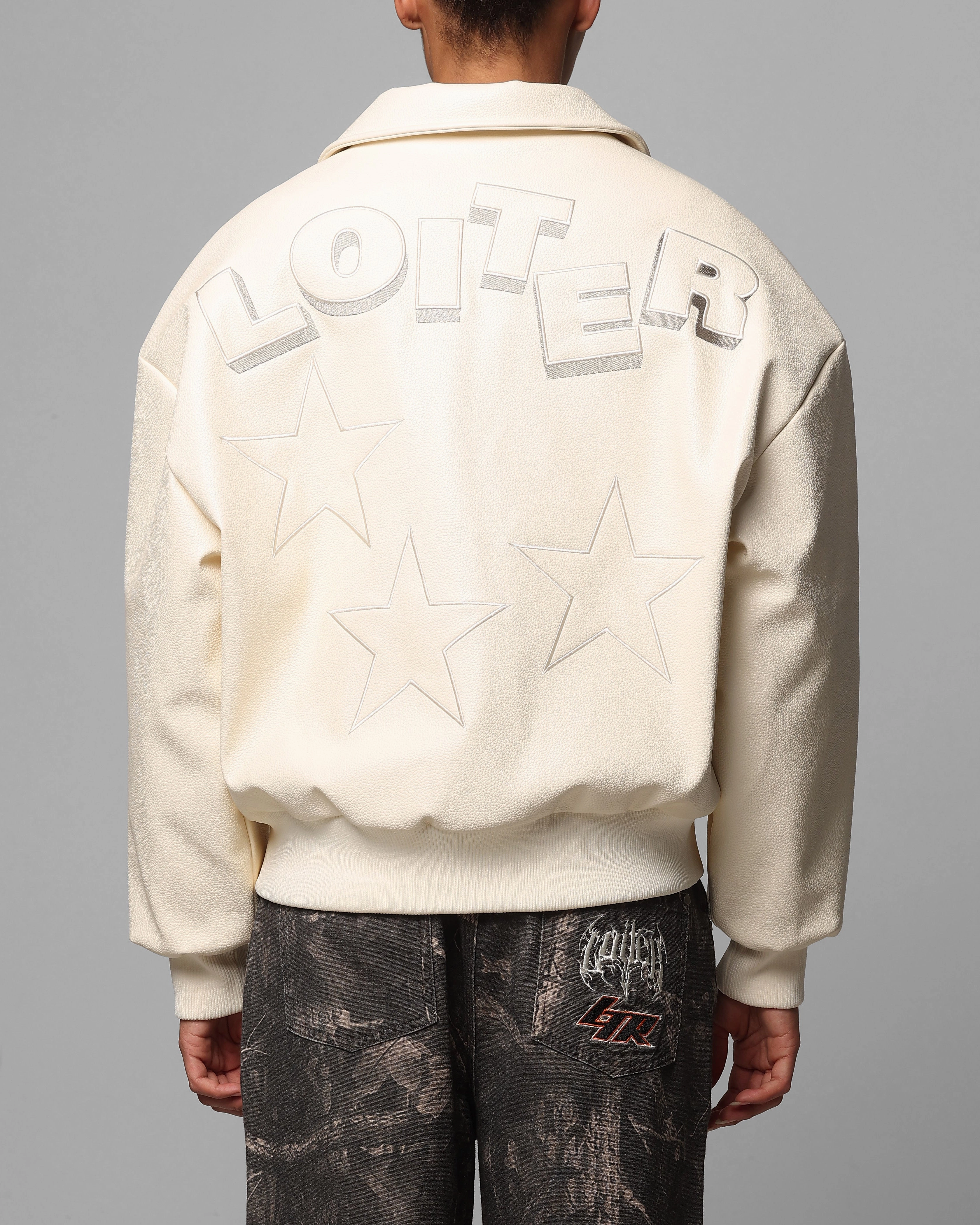 Tailored Cut Style Loiter Solar Vegan Leather Varsity Jacket Beige