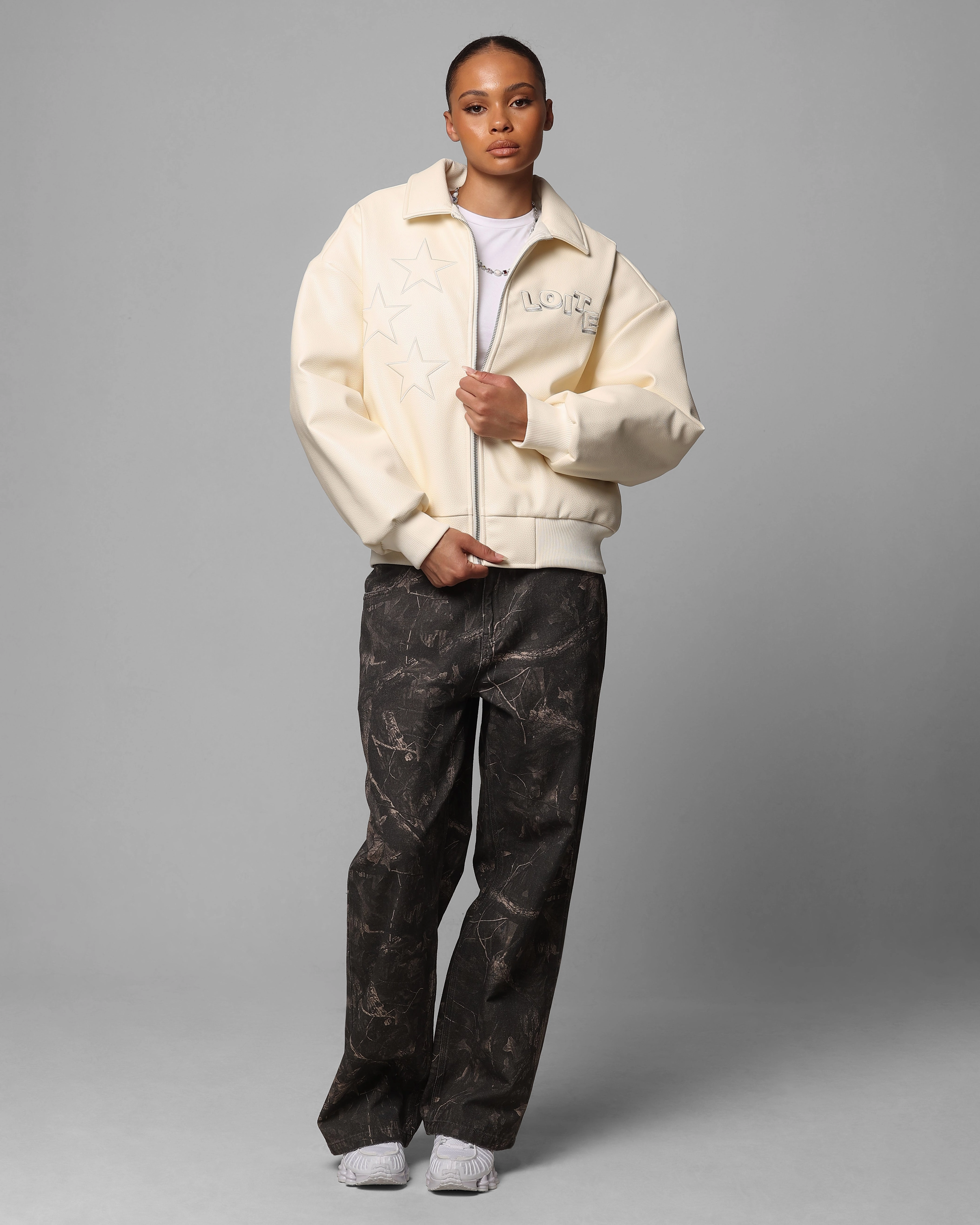 Loiter Solar Vegan Leather Varsity Jacket Beige Outdoor Style Staple Elastic hem