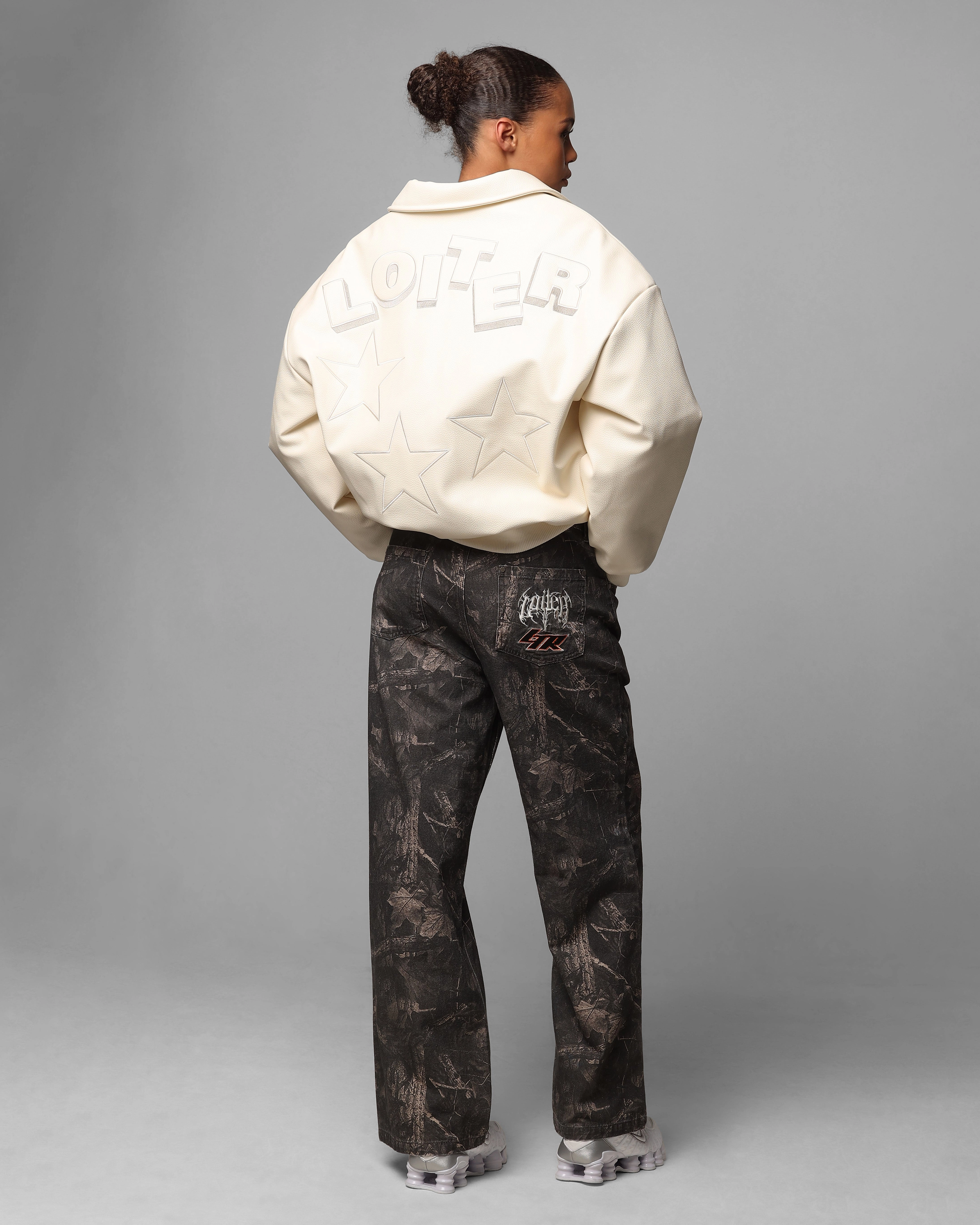 Loiter Solar Vegan Leather Varsity Jacket Beige Midweight Layer Ultra Flexible