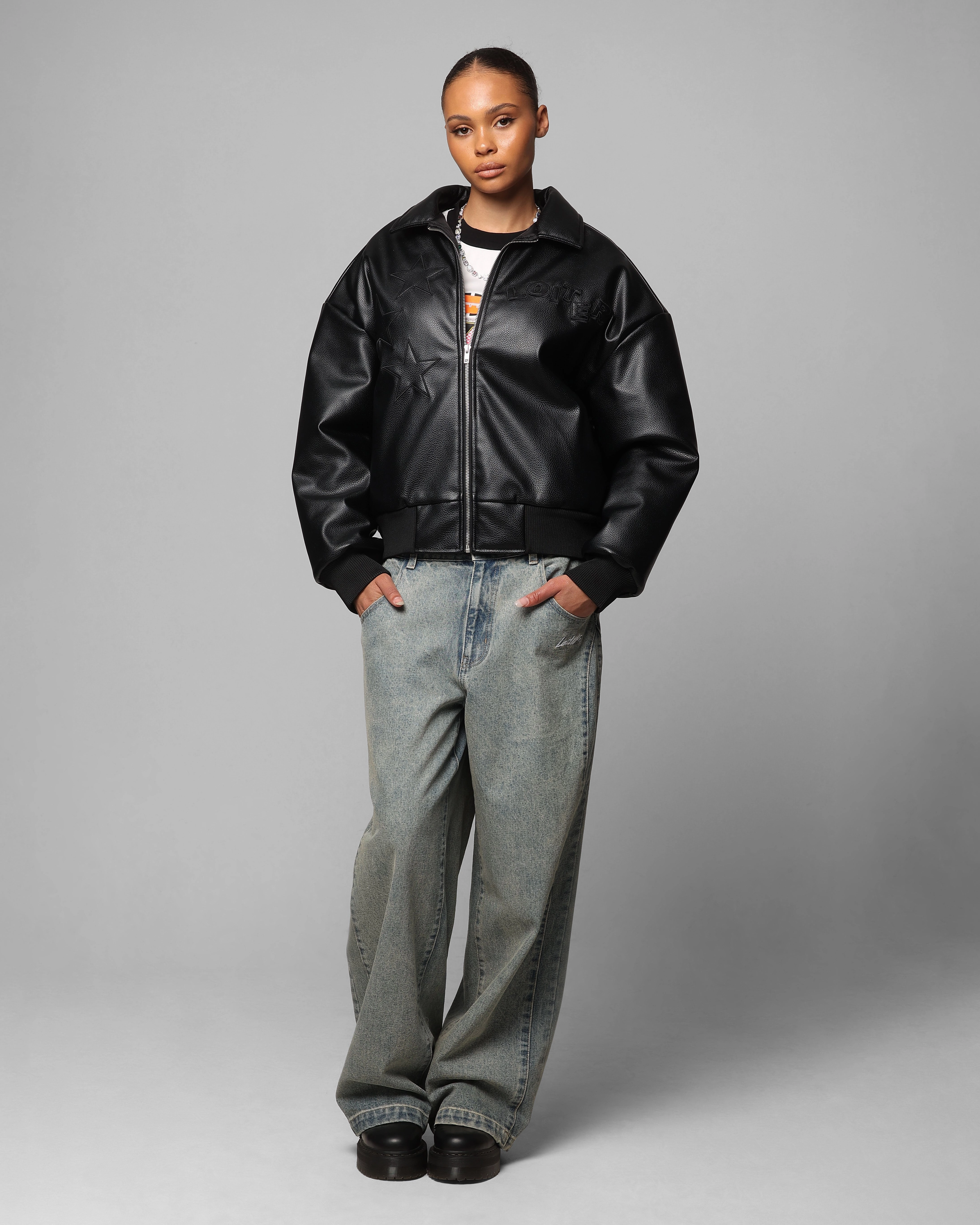 Loiter Solar Vegan Leather Varsity Jacket Black ExpandableSideGussets