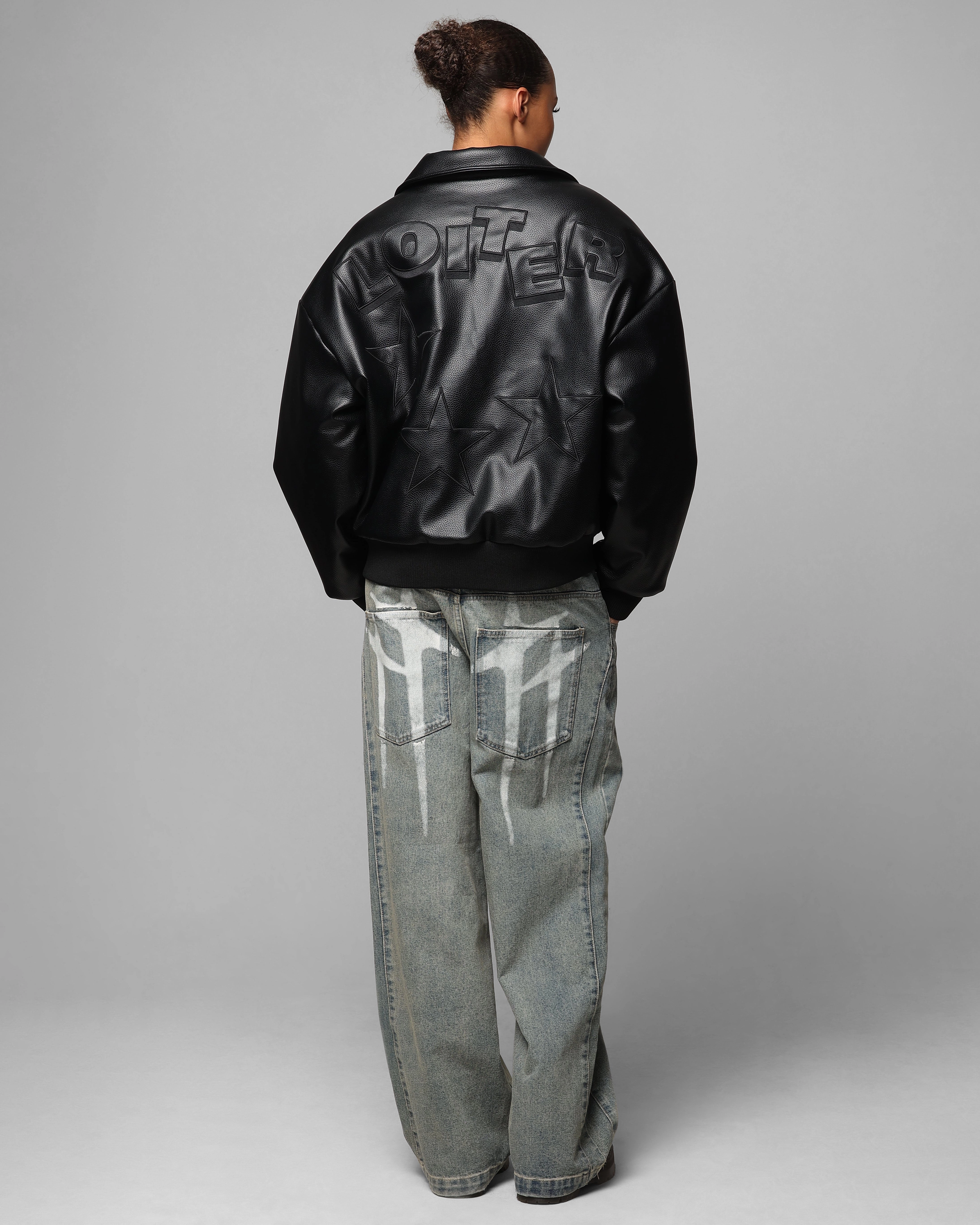 snag resistant Loiter Solar Vegan Leather Varsity Jacket Black