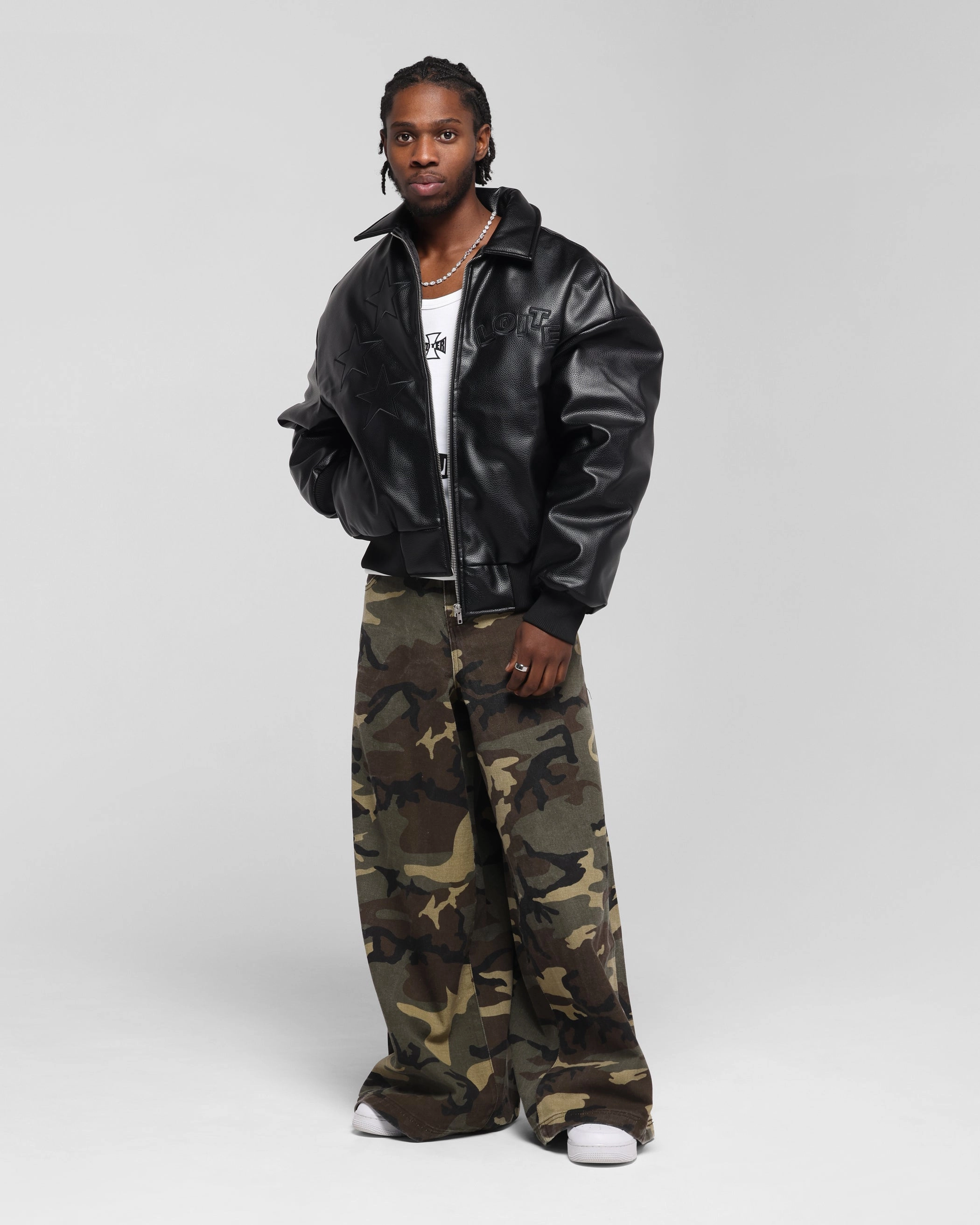 Flexible Layer System Comfort Fit Design Loiter Solar Vegan Leather Varsity Jacket Black