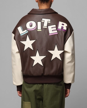 Loiter Solar Vegan Leather Varsity Jacket Brown/Beige Cuffs Adjust