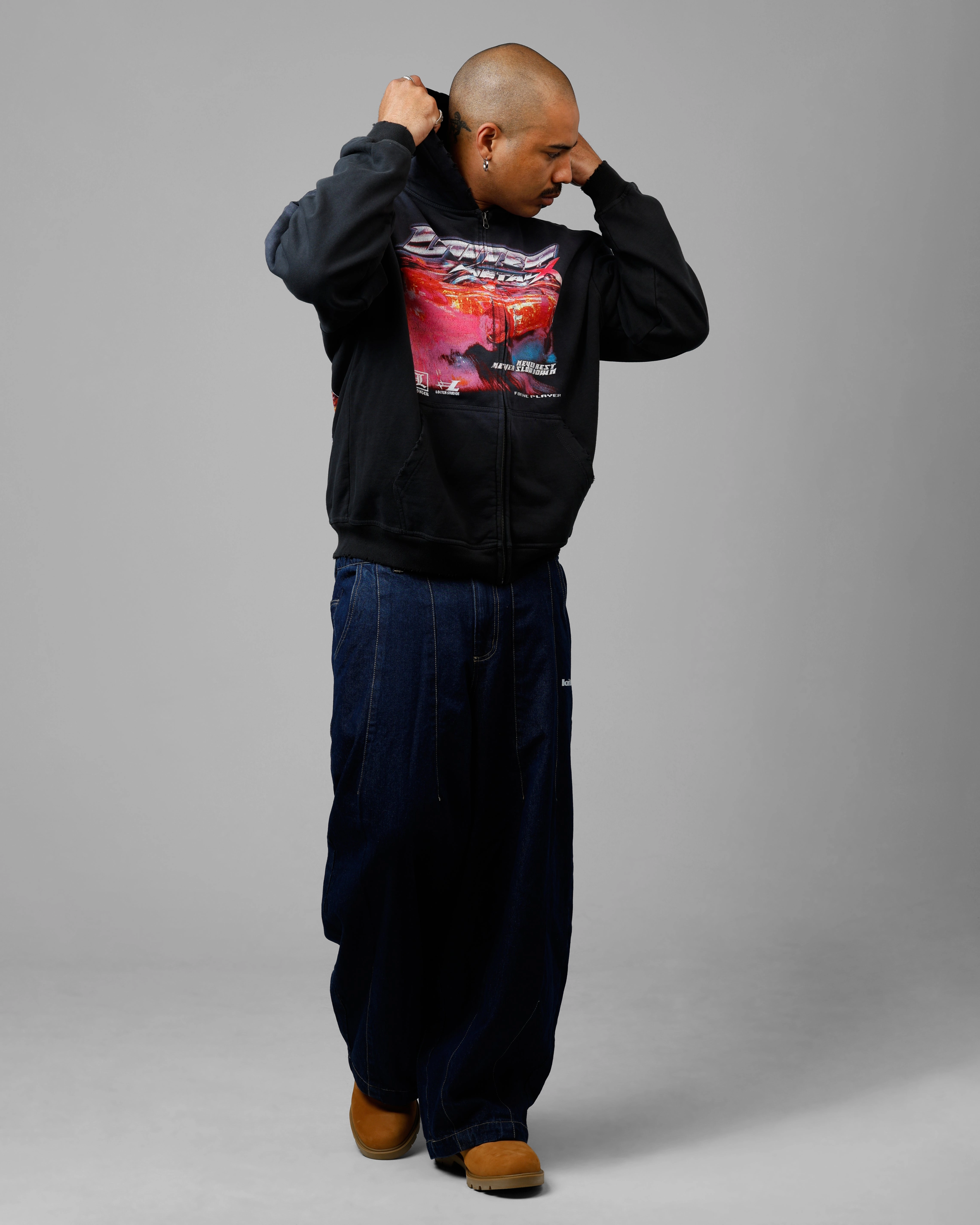 Quick Dry Material Loiter Speed Vintage Zip Up Hoodie Washed Black