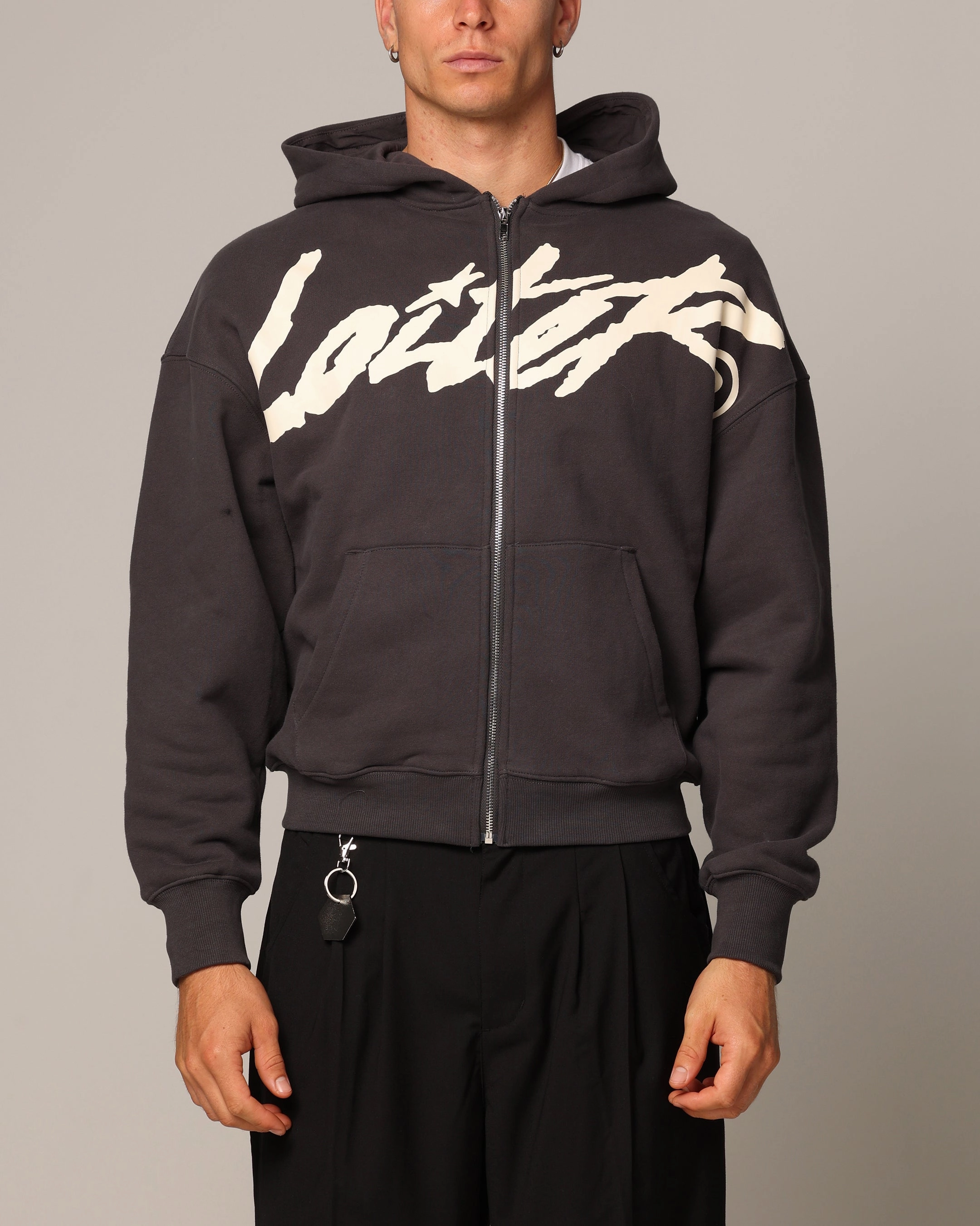 Loiter Spider Zip Hoodie Charcoal Ventilated Panels Compact Jacquard Weave