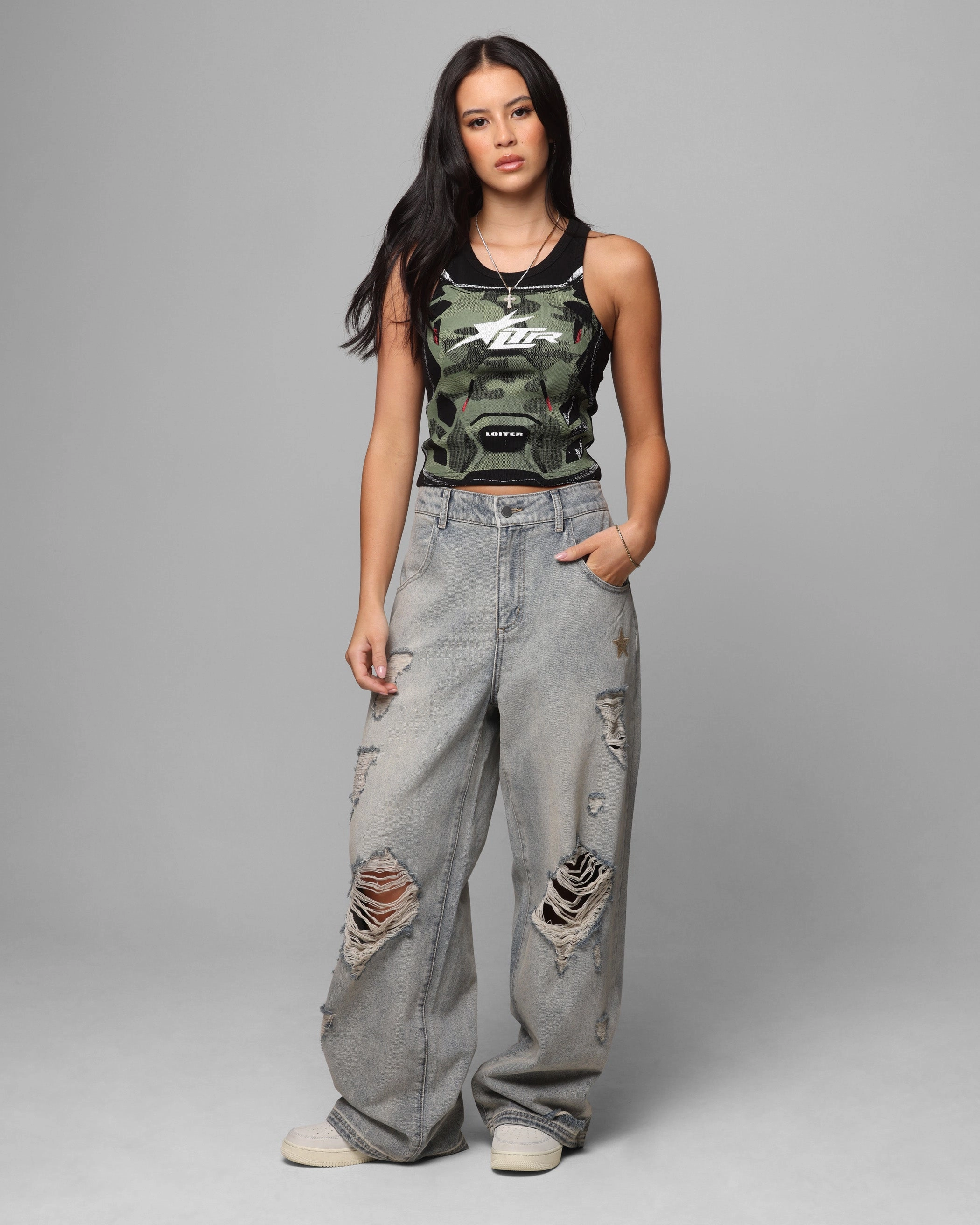 Loiter Star Layered Distressed Jeans Washed Blue ReflectiveTrim Weather Ready