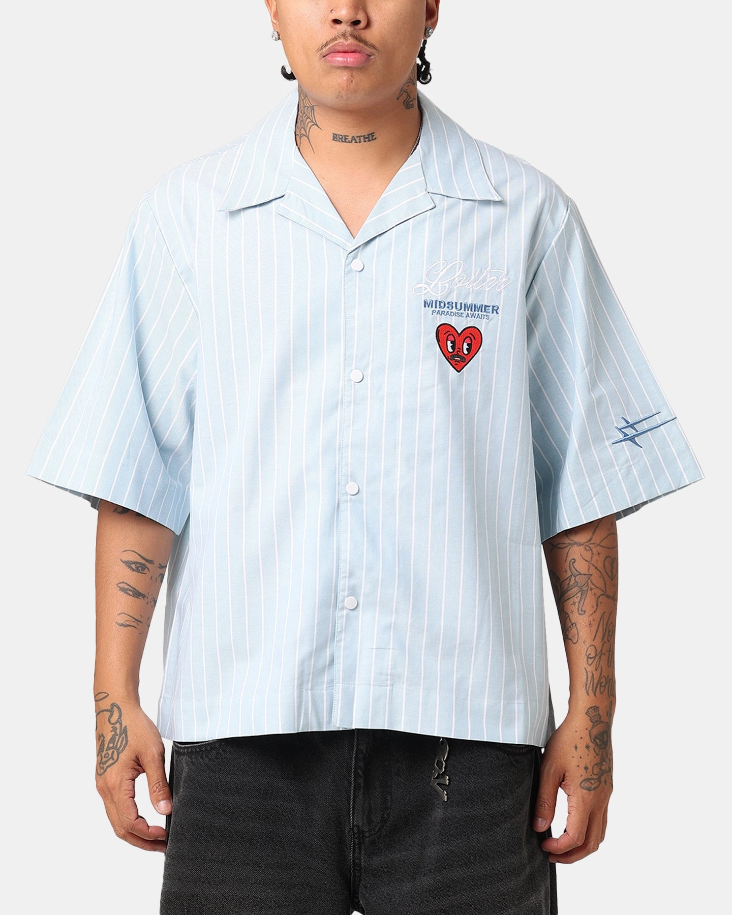 Loiter Studio Cropped Button Up Shirt Light Blue WrinkleFree Structure DoubleStitched