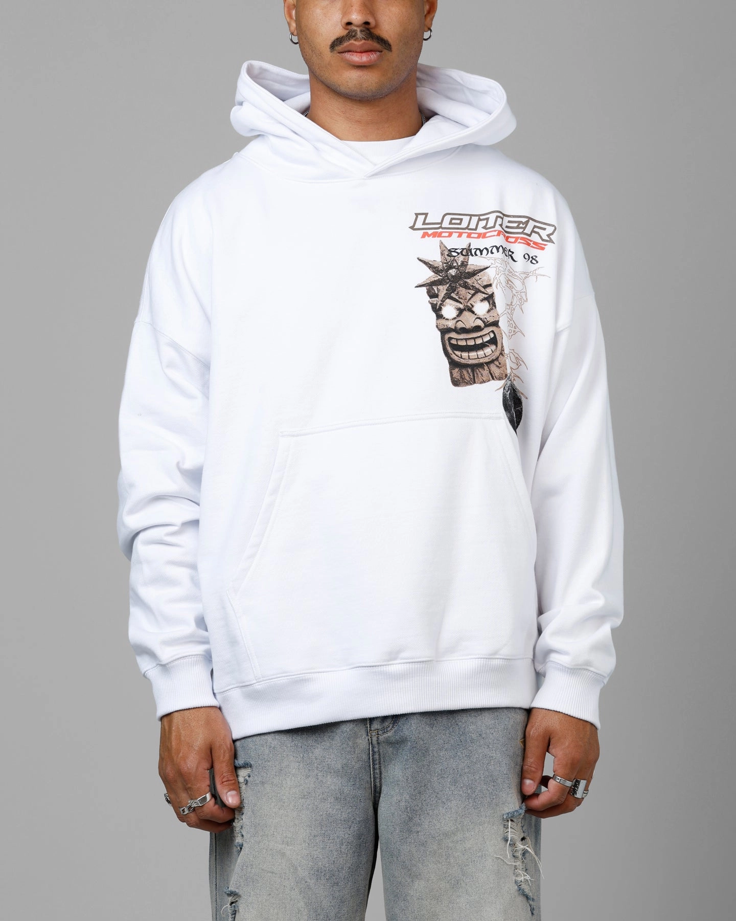 Loiter Summer Motocross Premium Hoodie White Double Layered Hem Reinforcement DropShoulderConstruction