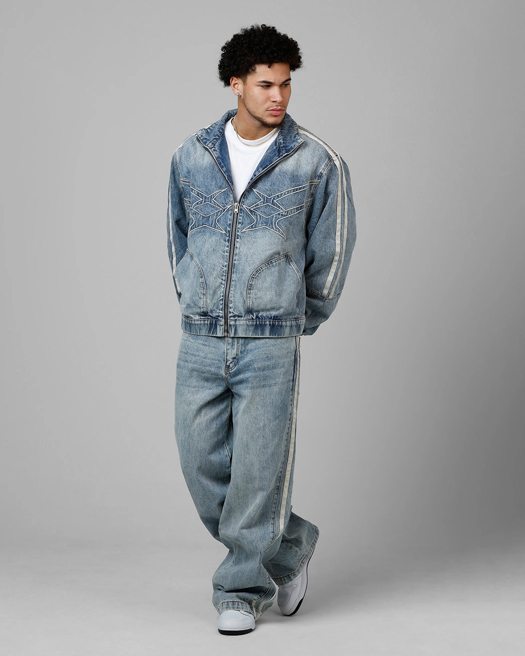 Eco Friendly Fabric Loiter Track Star Denim Jacket Blue Wash