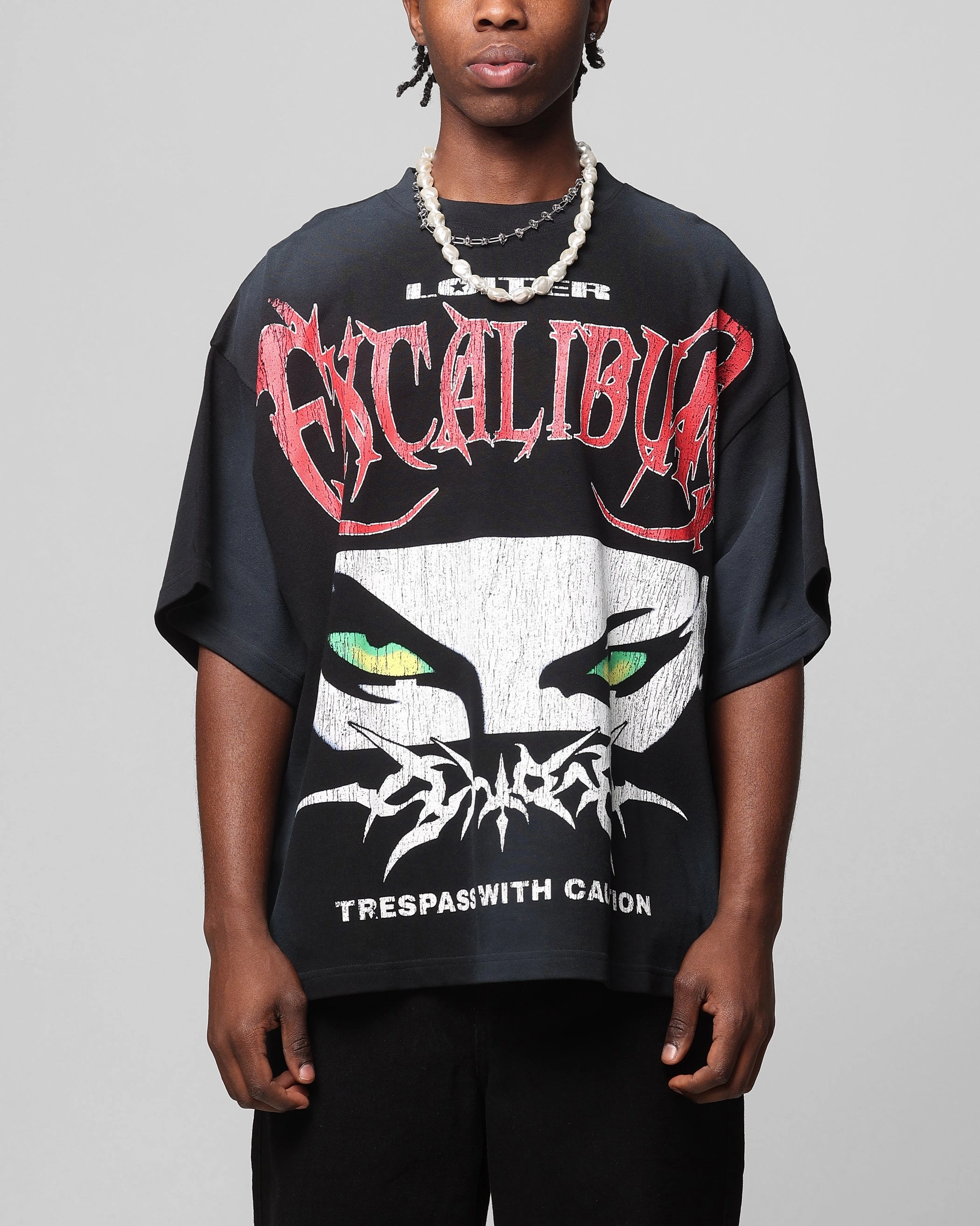 Loiter Trespass Vintage T-Shirt Washed Black Tailored Silhouette Sweat Absorbing Lining