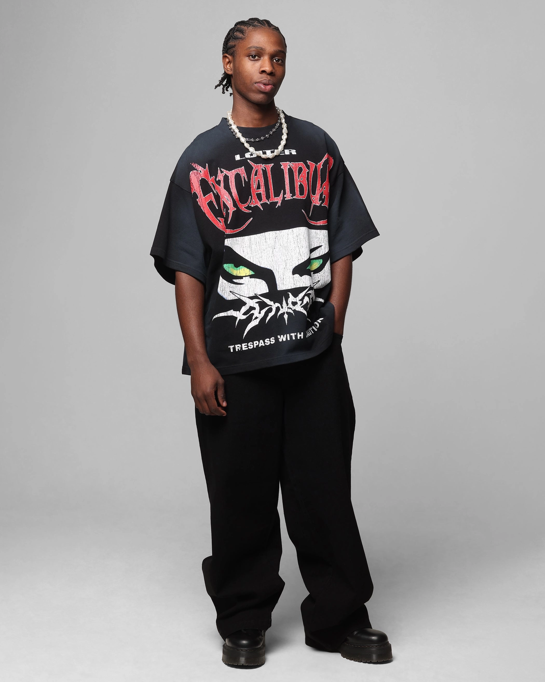 Loiter Trespass Vintage T-Shirt Washed Black RibbedTrim Low Impact Manufacturing