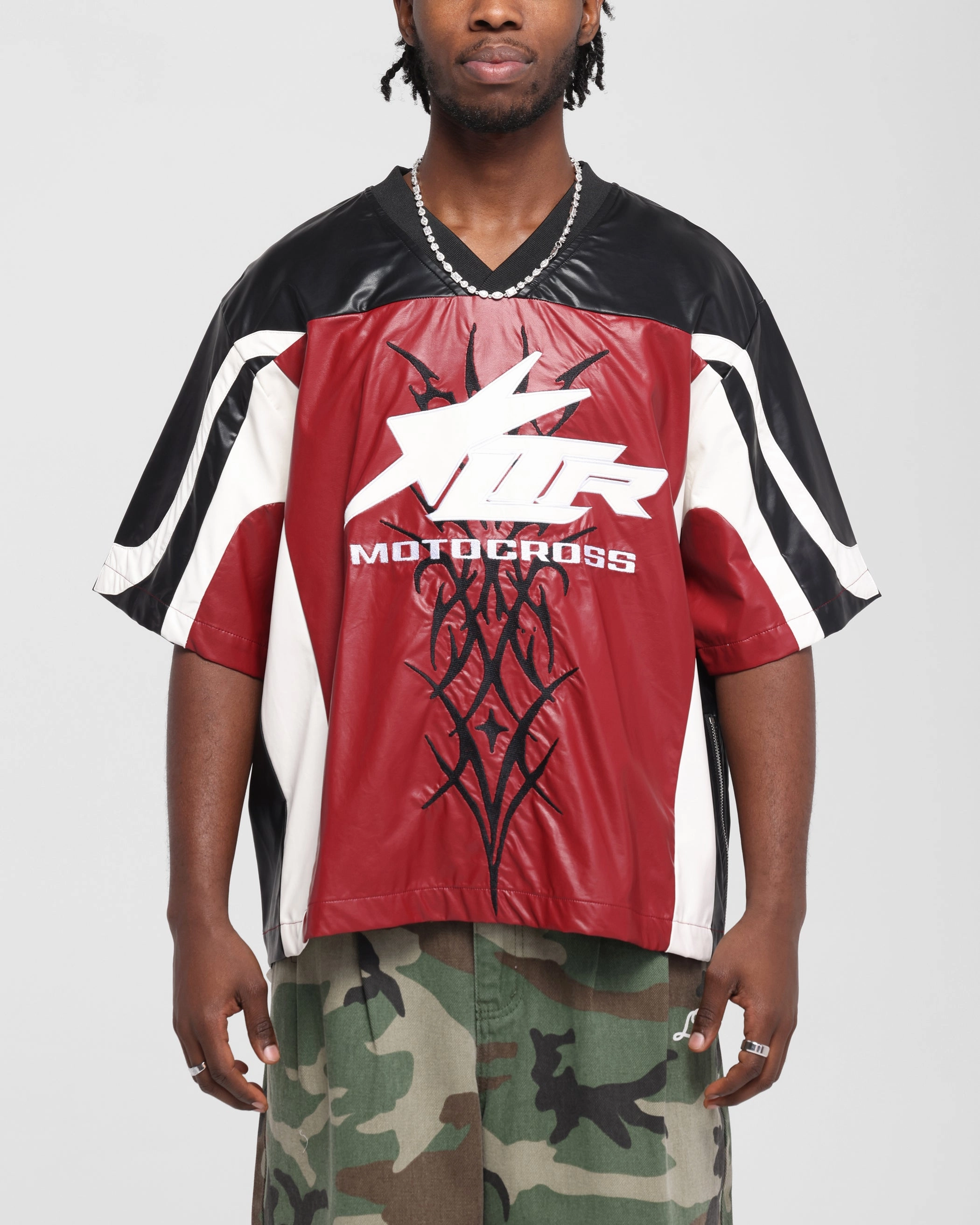 Loiter Vegan Leather Football Top Red/Black Summer Style Sporty Top