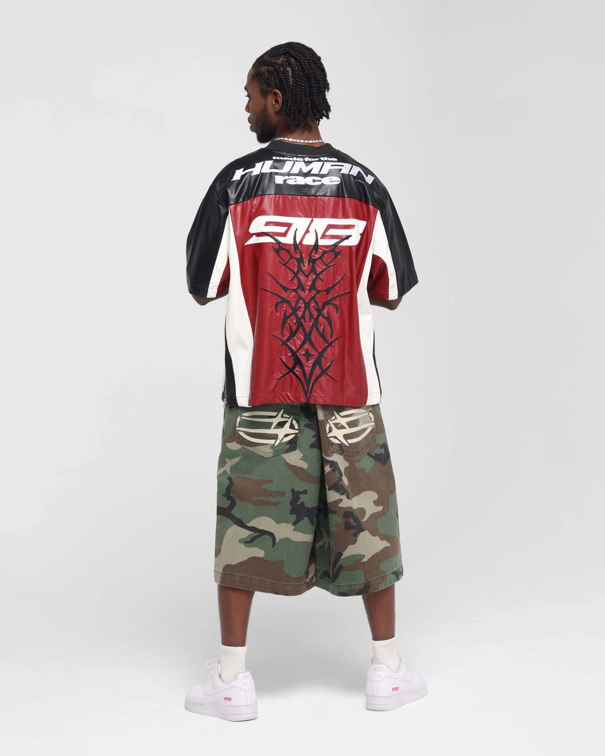 Loiter Vegan Leather Football Top Red/Black Double Needle Hemming