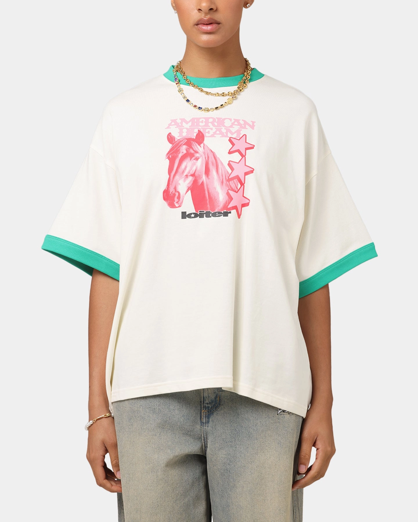 Loiter Western Front Ringer T-Shirt White/Green FlexFoamInserts