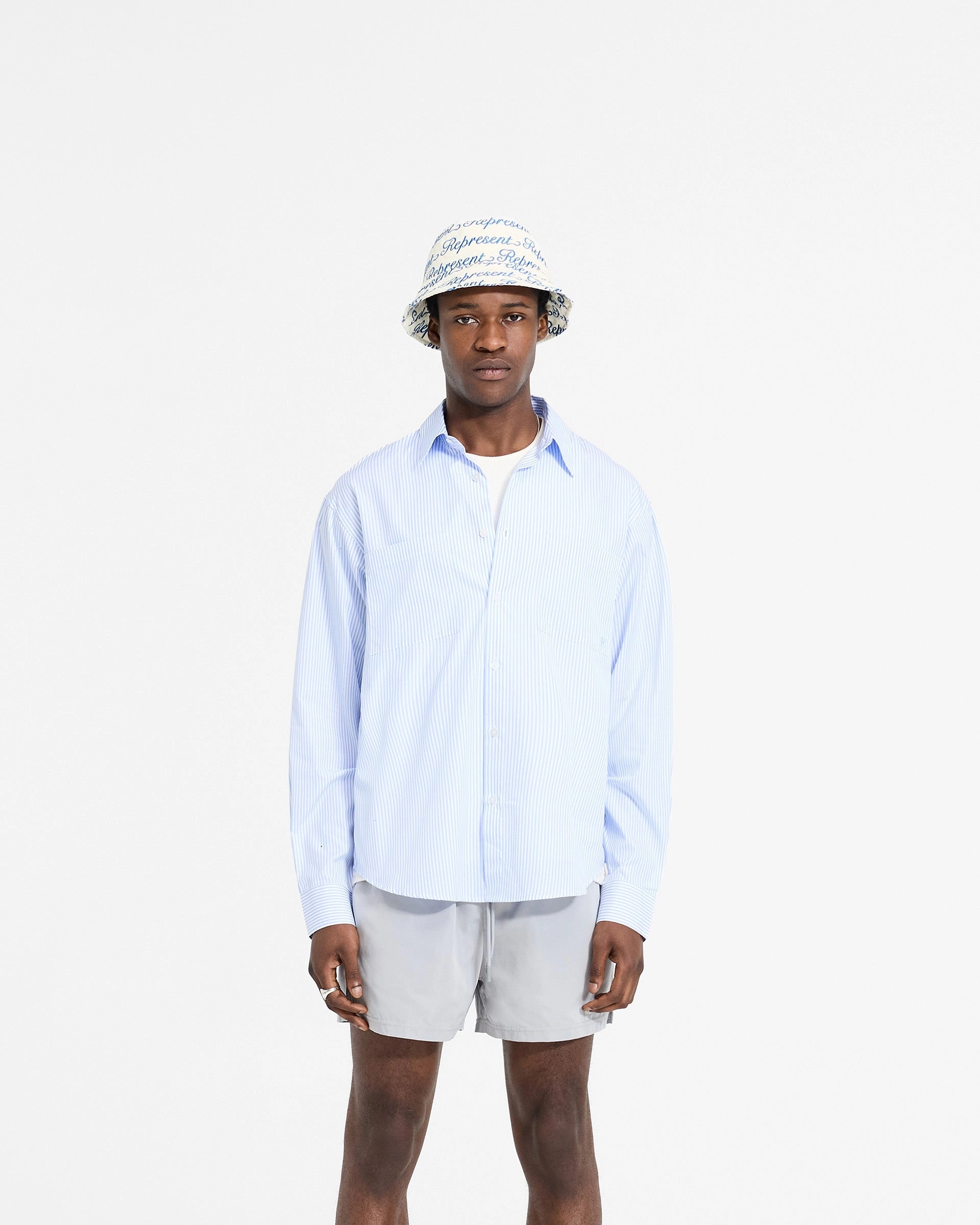 Neutral Colors Long Sleeve Long Sleeve Pinstripe Shirt - Baby Blue