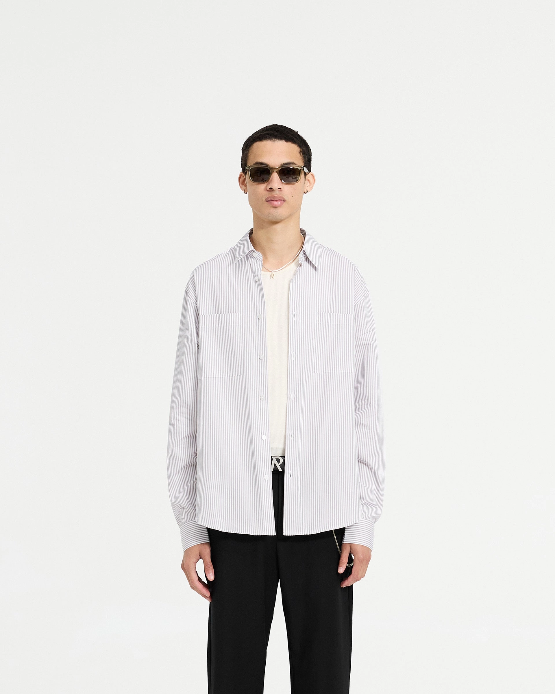 Long Sleeve Pinstripe Shirt - Grey Casual Day Layered Look