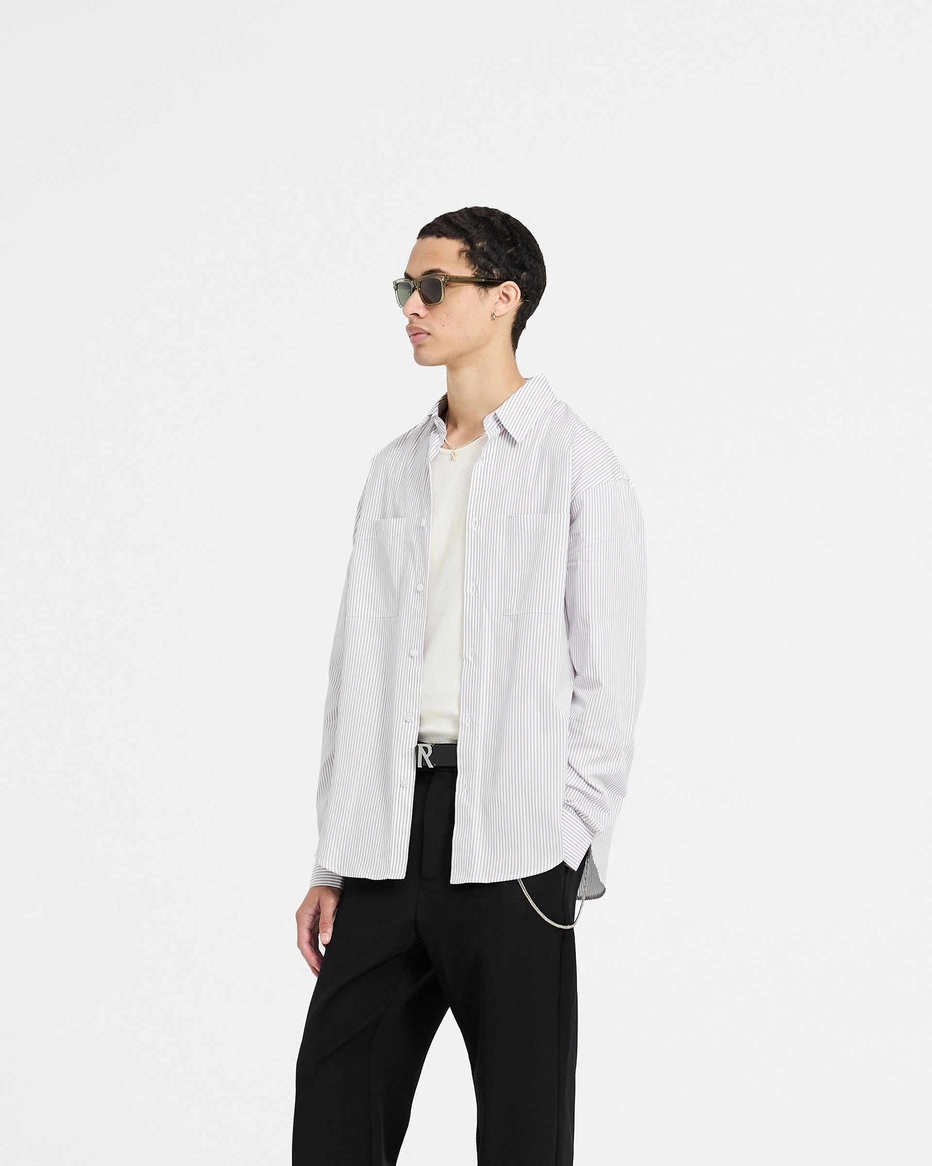 Long Sleeve Pinstripe Shirt - Grey Moisture Management Tech Modern Appeal