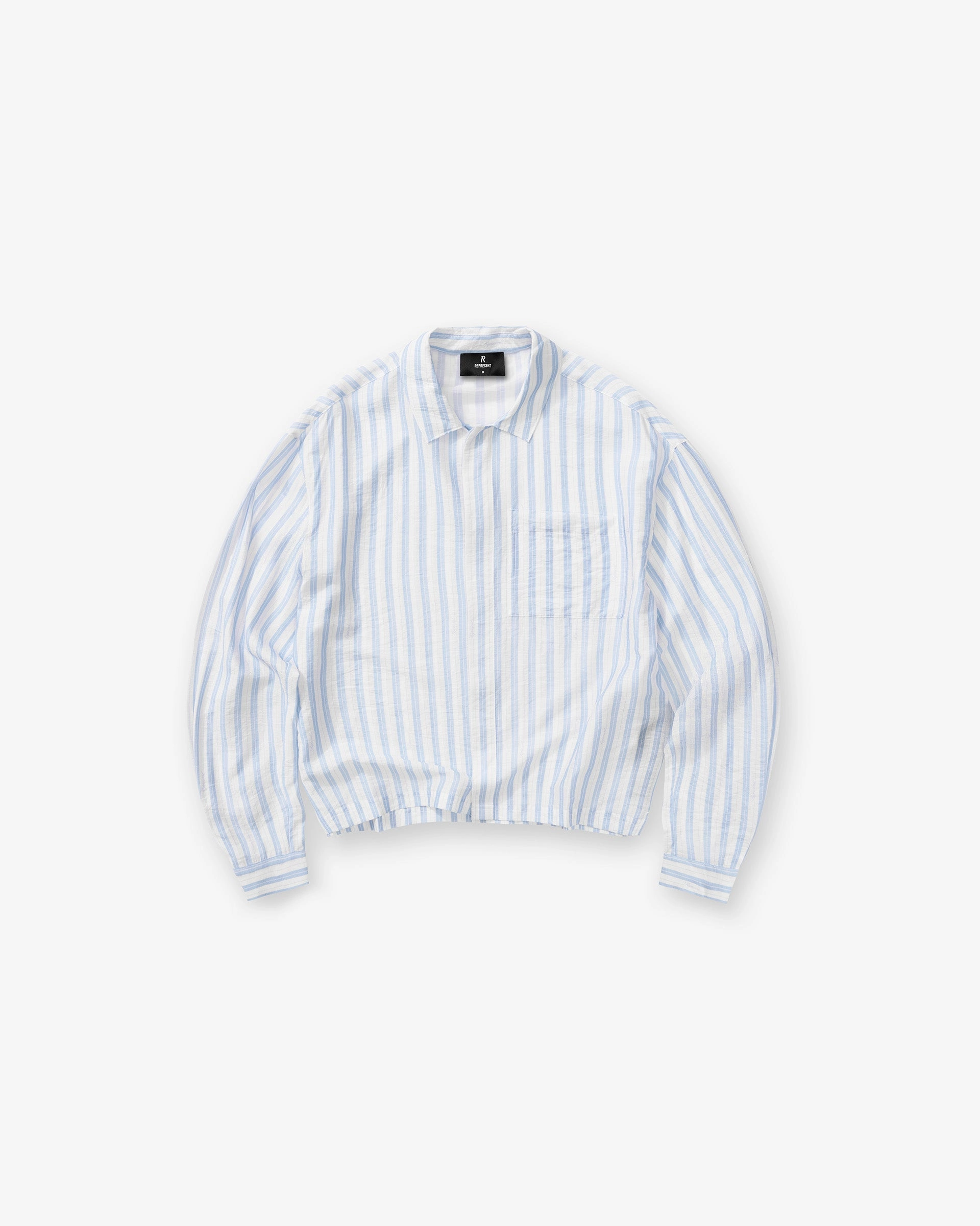 Long Sleeve Sheer Stripe Boxy Shirt - Ice Blue Ruffle Edge Modern Fit