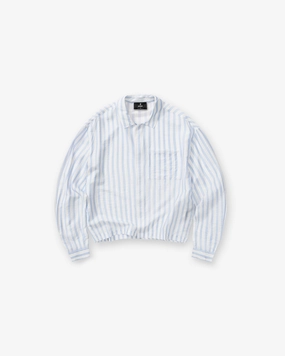 Long Sleeve Sheer Stripe Boxy Shirt - Ice Blue Ruffle Edge Modern Fit