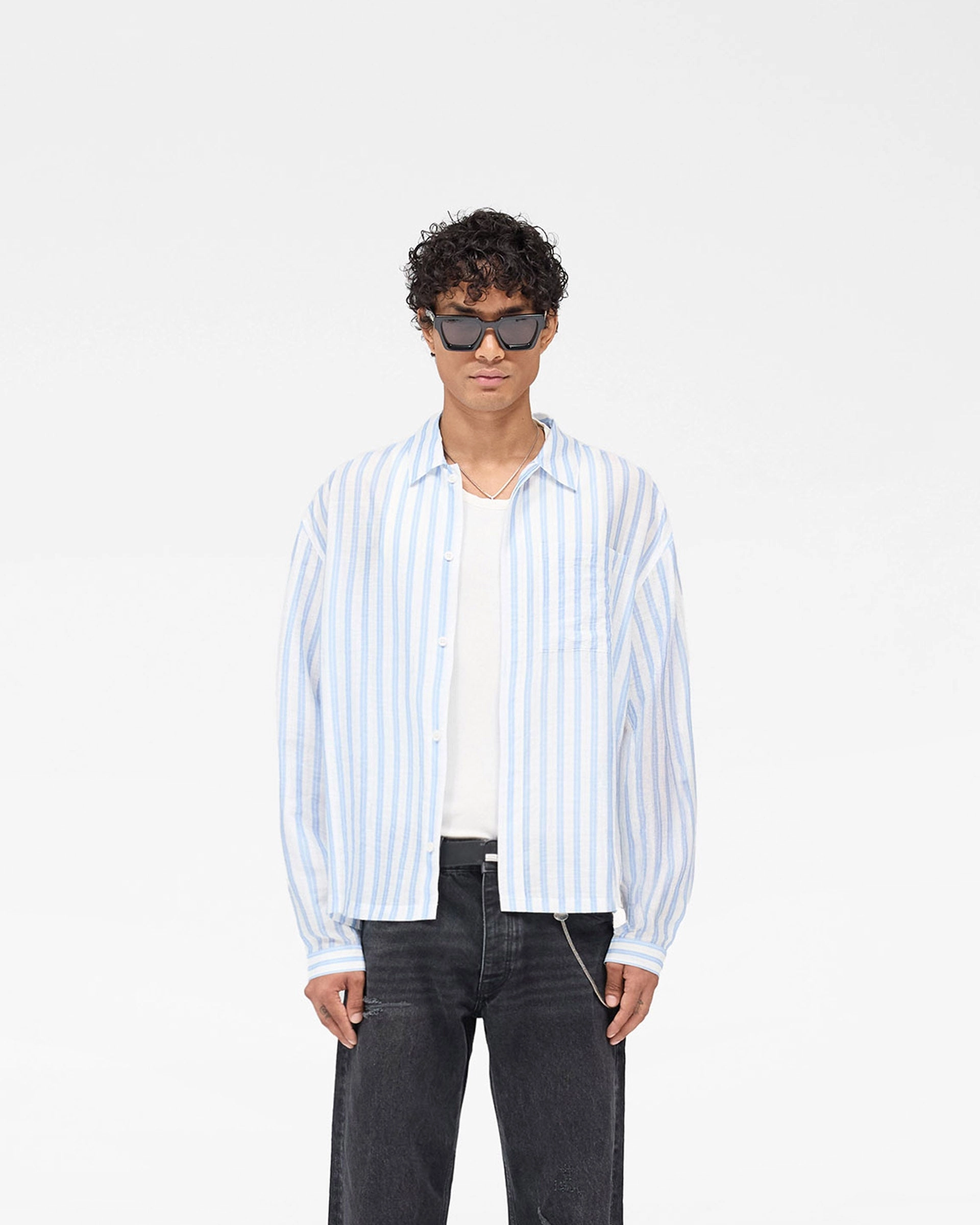 Long Sleeve Sheer Stripe Boxy Shirt - Ice Blue Reinforced Side Vents Corporate Retreat