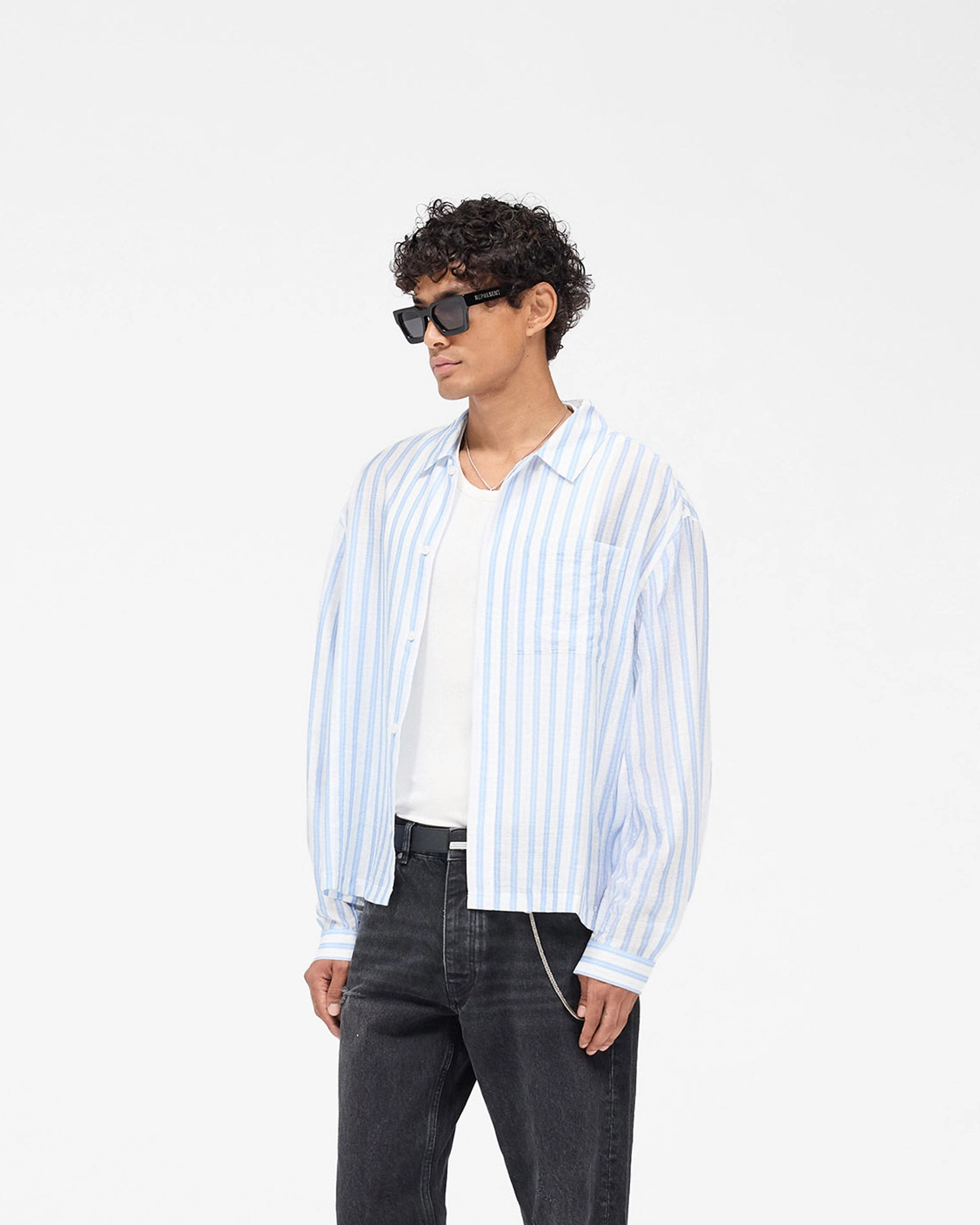 Trendy Pattern Long Sleeve Sheer Stripe Boxy Shirt - Ice Blue
