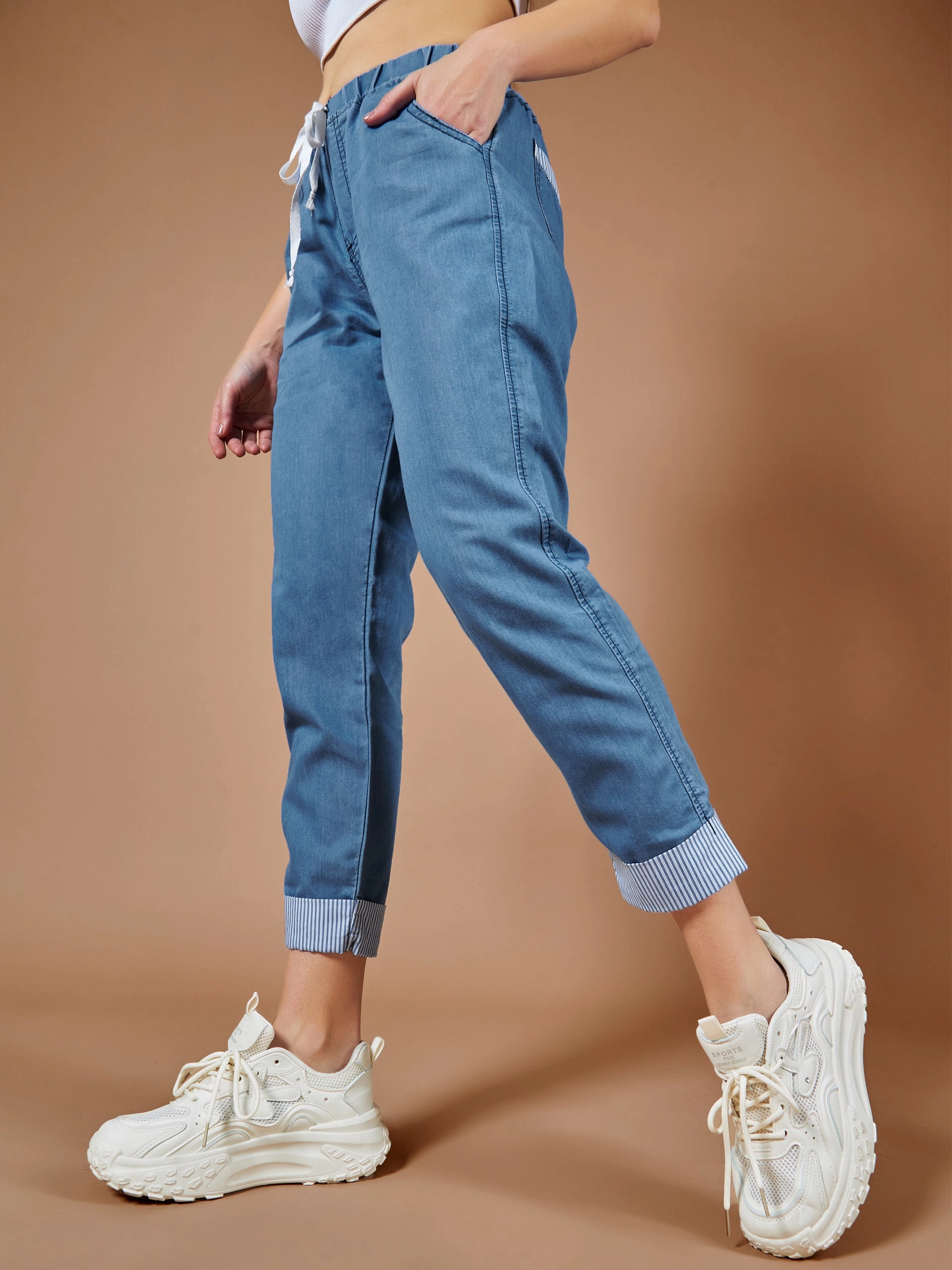 Elegant Adult Fashion Women's Blue High-Rise Clean-Look Solid Cropped Striped Detailing Denim Joggers