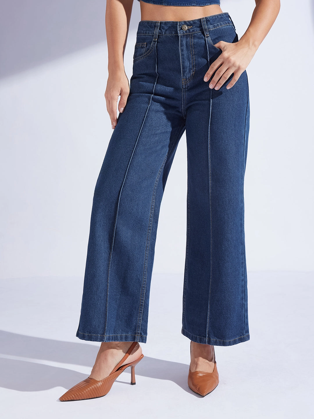 Neutral Fabric Women's Navy Blue Wide-Leg High-Rise Non-stretchable Denim Jeans