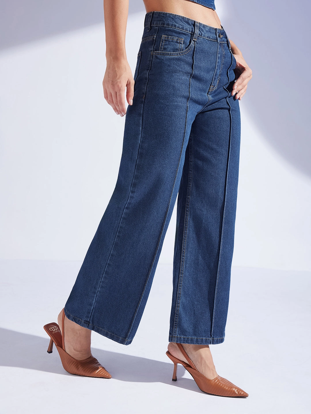 Elegant Formal Smooth Breathable Women's Navy Blue Wide-Leg High-Rise Non-stretchable Denim Jeans