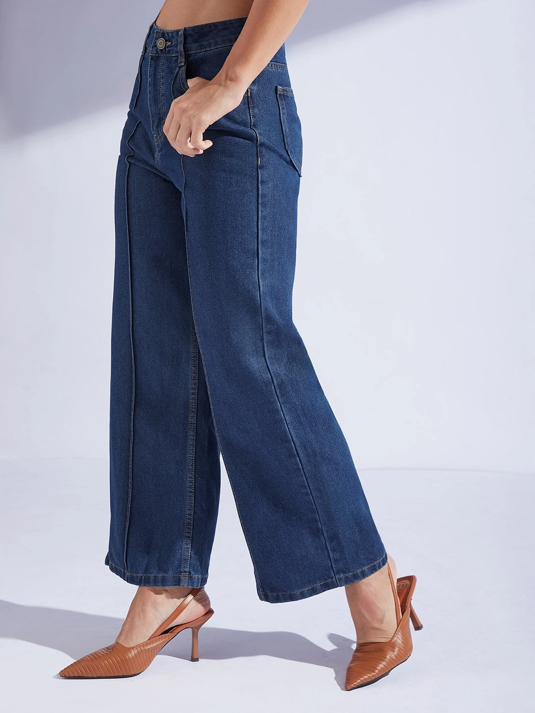 Women's Navy Blue Wide-Leg High-Rise Non-stretchable Denim Jeans Stretch Holiday Vibes Streetwear Fan Daily Clothing