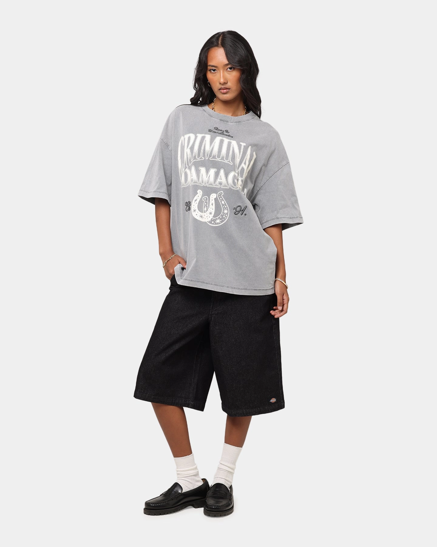 Criminal Damage Horseshoe T-Shirt Washed Black Pocket Reinforcement Vintage Shirt