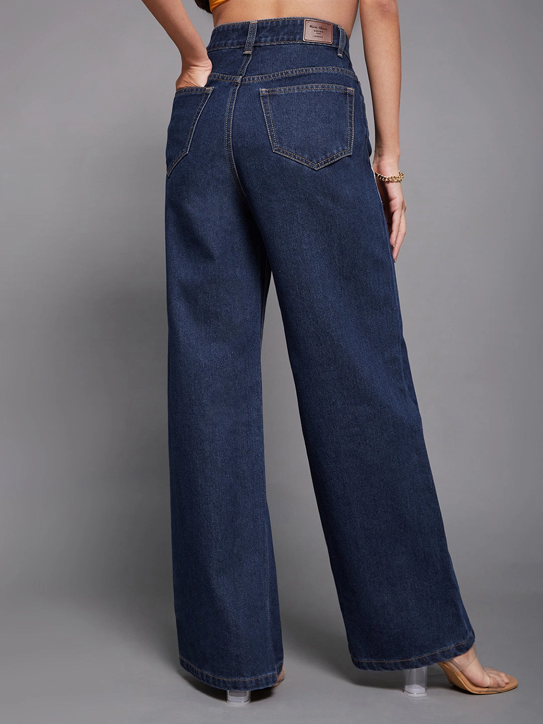 Modern Attire Minimalist Night Out Smooth Women's Navy-Blue Wide-Leg High-Rise Non-stretchable Denim Jeans