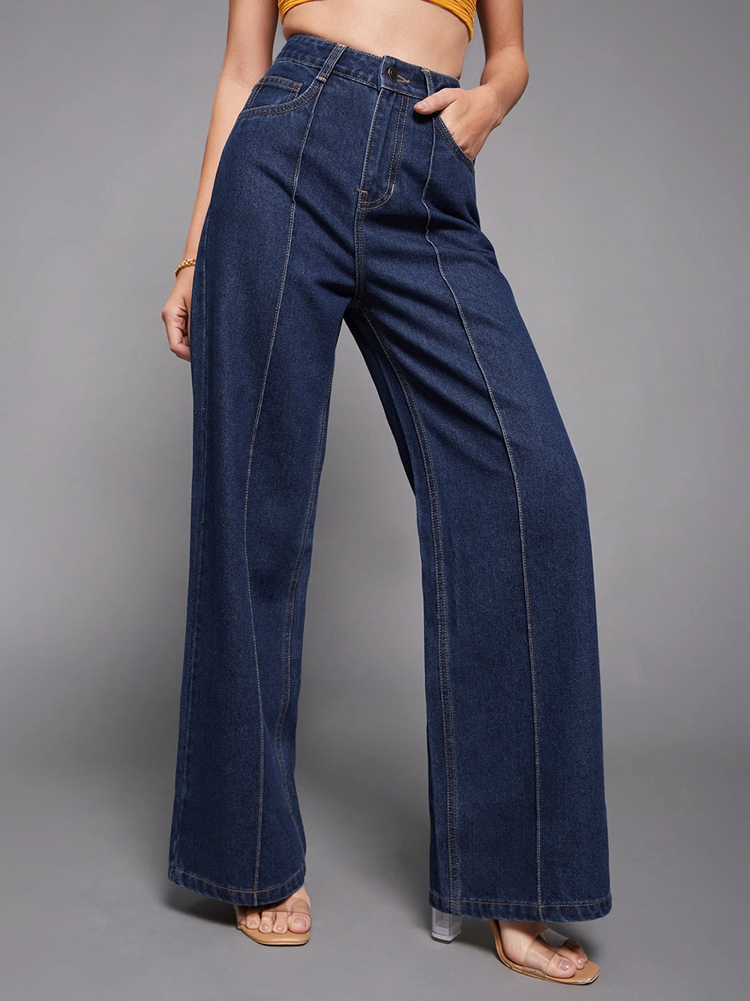 Base Fit Piece Flawless Look Women's Navy-Blue Wide-Leg High-Rise Non-stretchable Denim Jeans